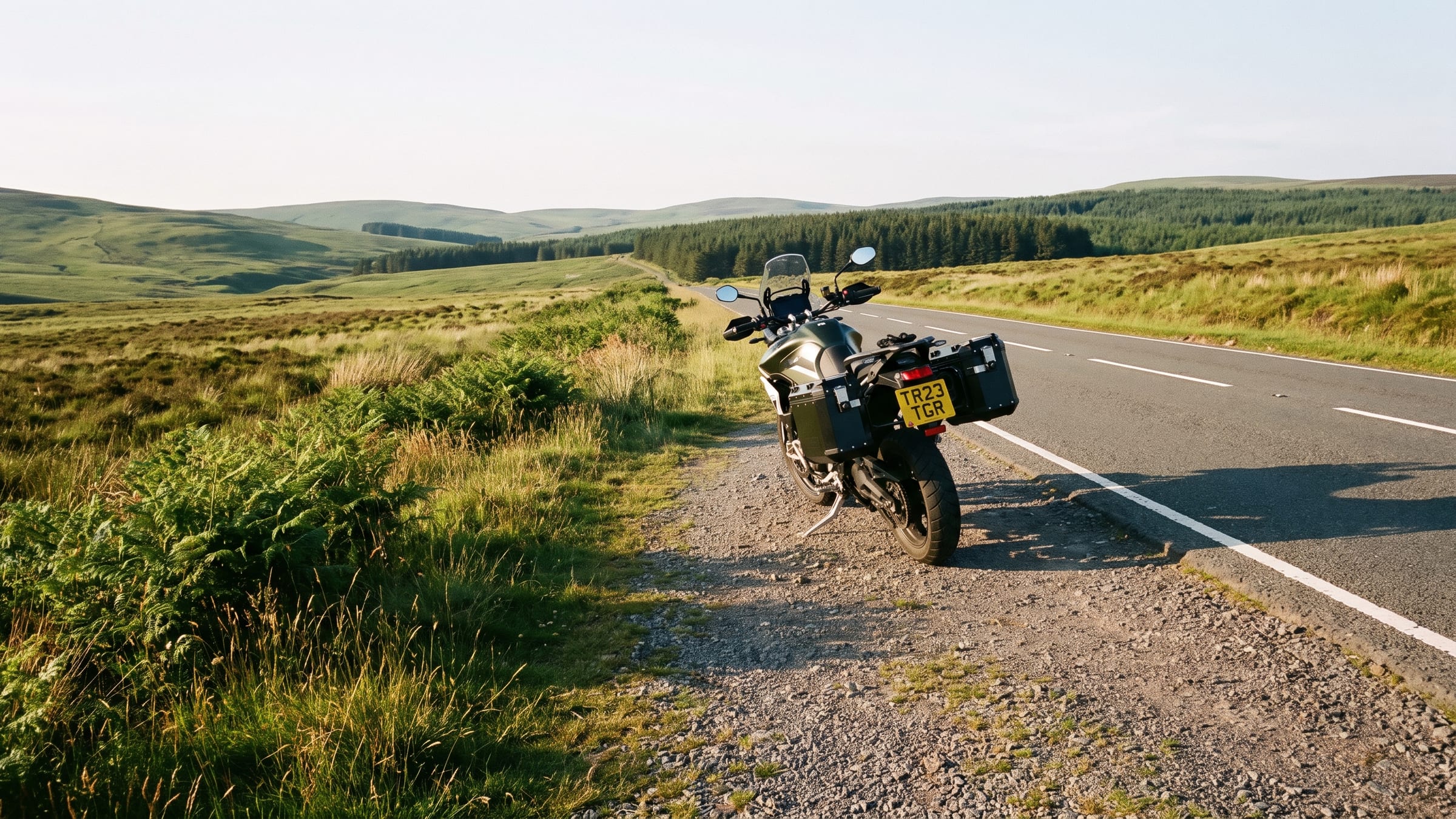 A motorcycle beside an empty moorland road in the Cheviot Hills
