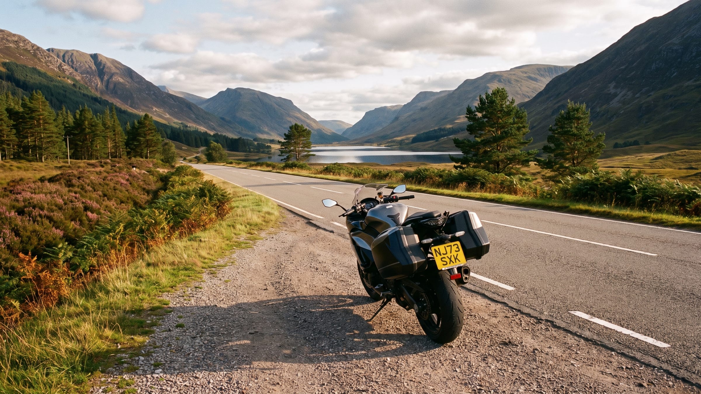 A Highland road running through a glen above a loch