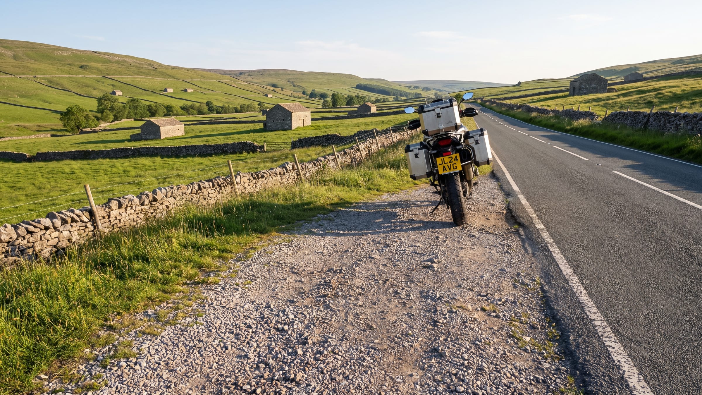 A narrow road through a green Yorkshire dale between drystone walls