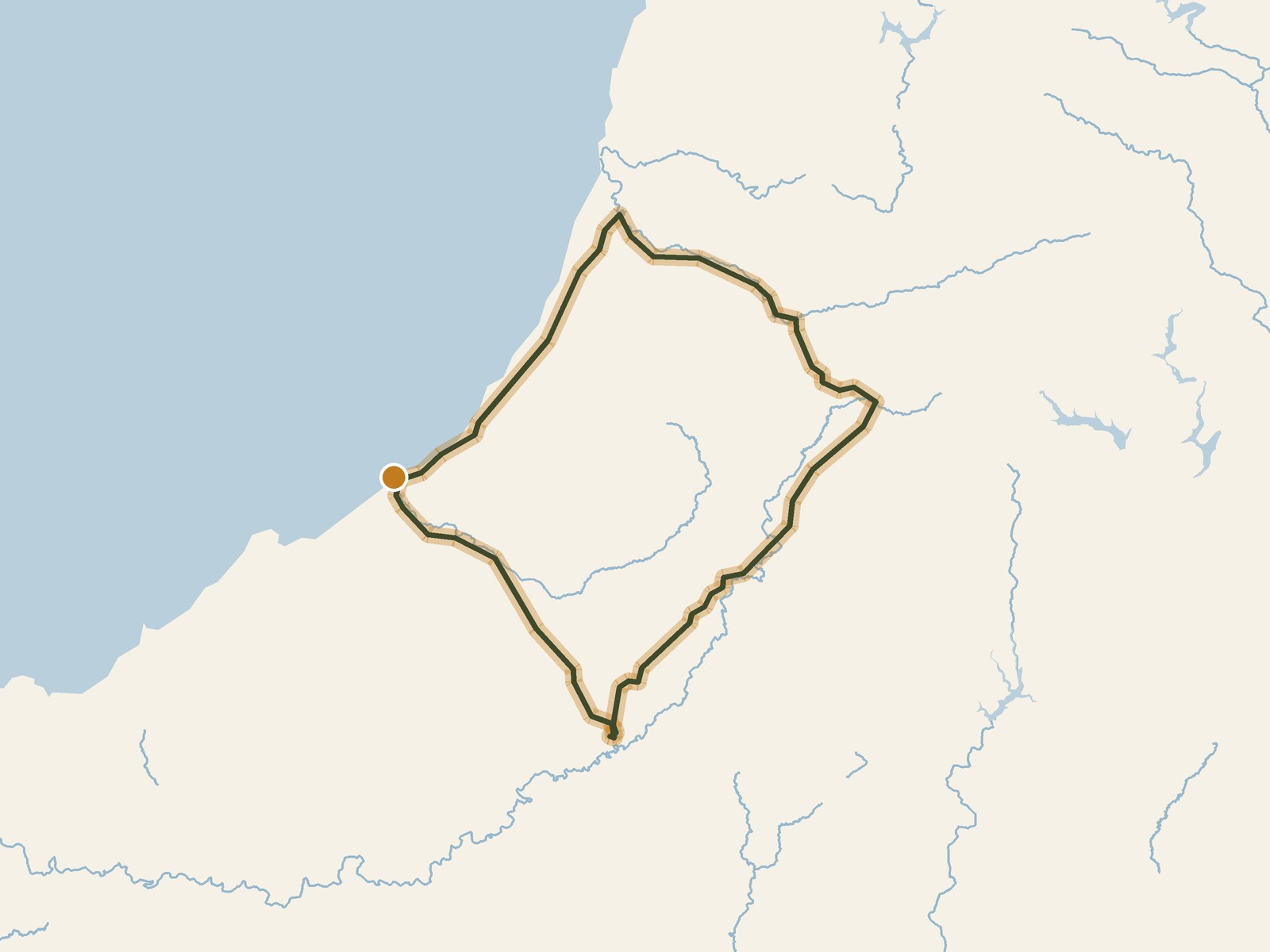 Simplified outline of the route on a map of the surrounding land, sea, lakes and rivers