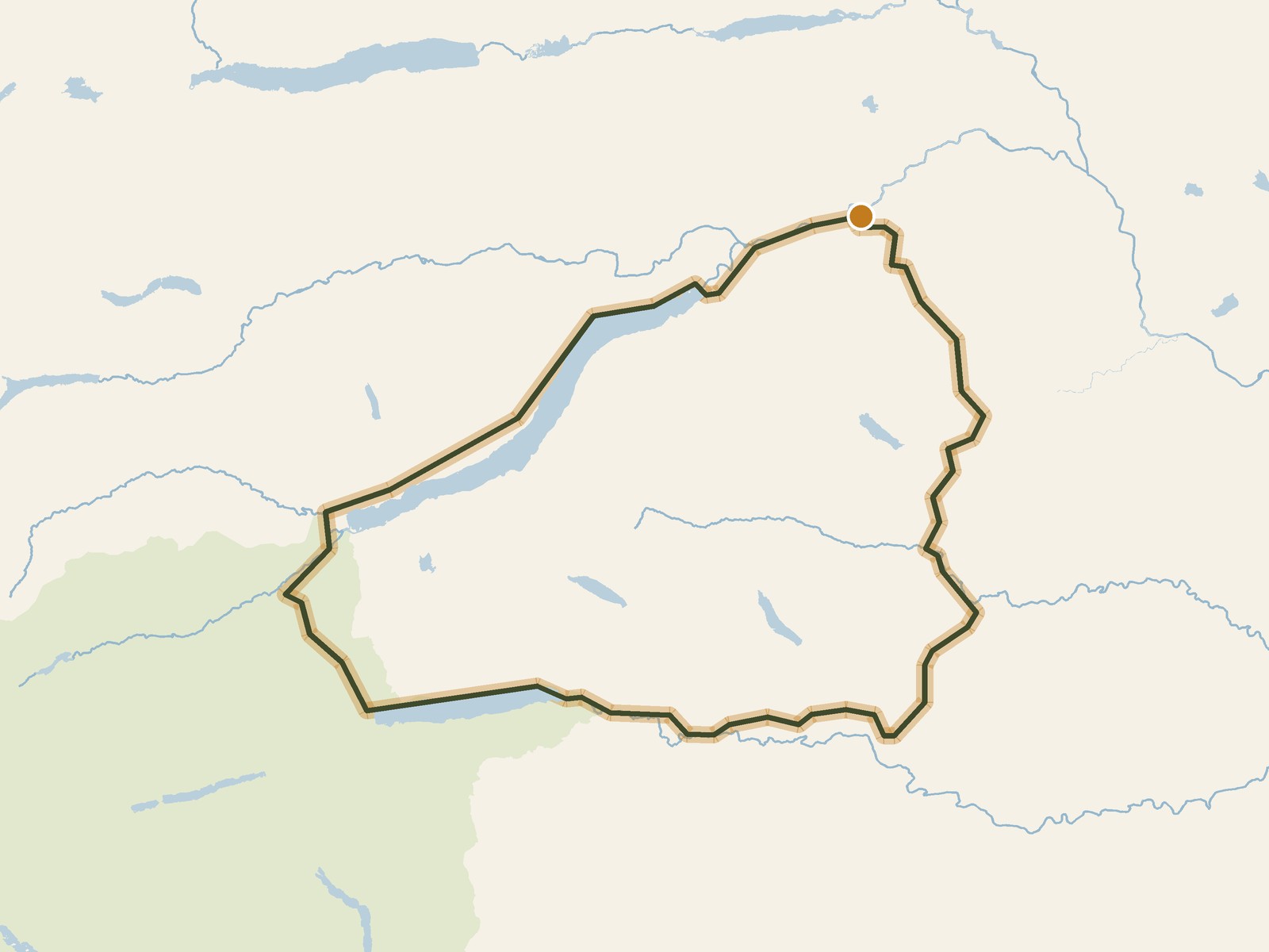 Simplified outline of the route on a map of the surrounding land, sea, lakes and rivers