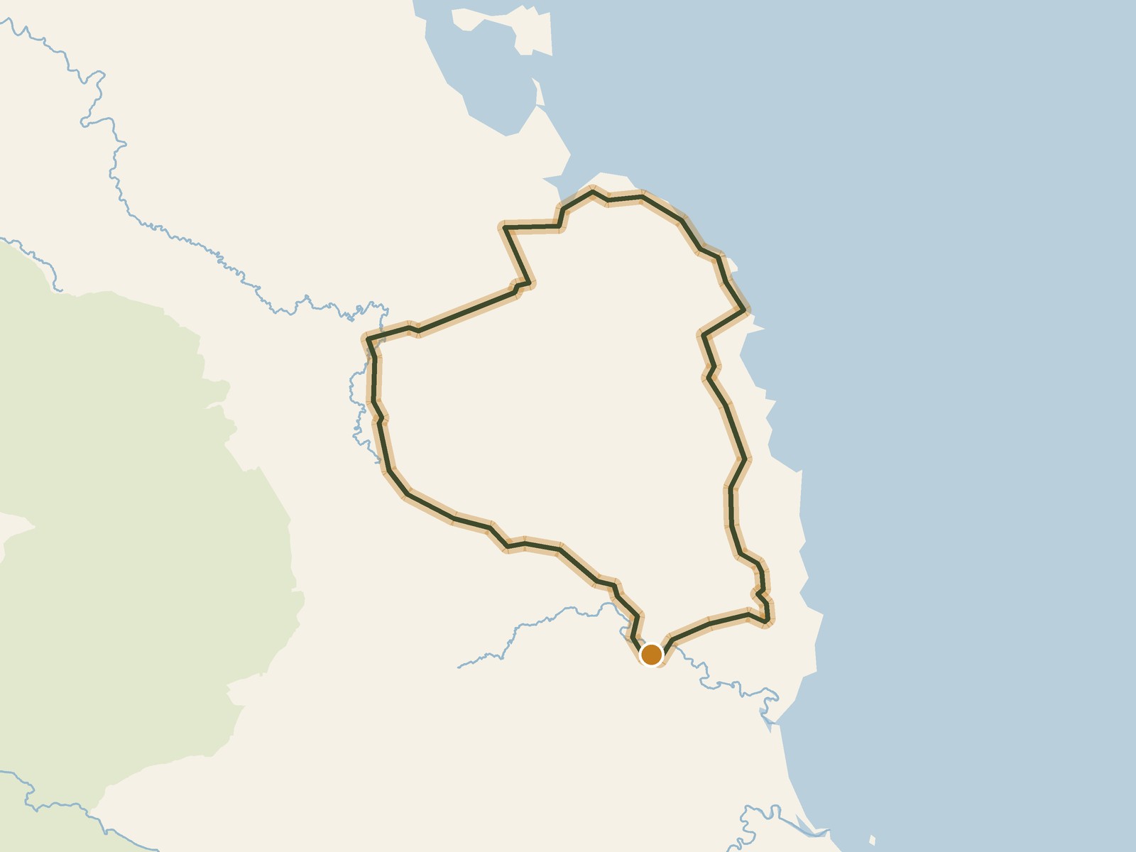 Simplified outline of the route on a map of the surrounding land, sea, lakes and rivers