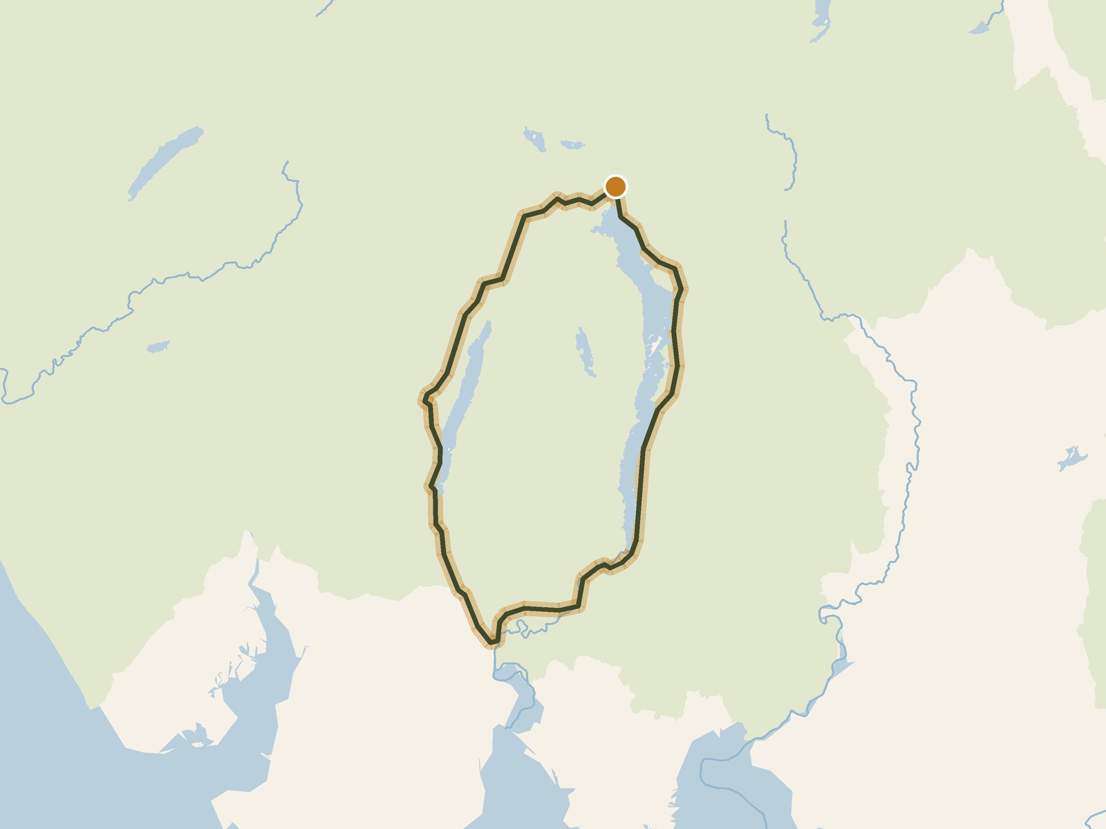 Simplified outline of the route on a map of the surrounding land, sea, lakes and rivers