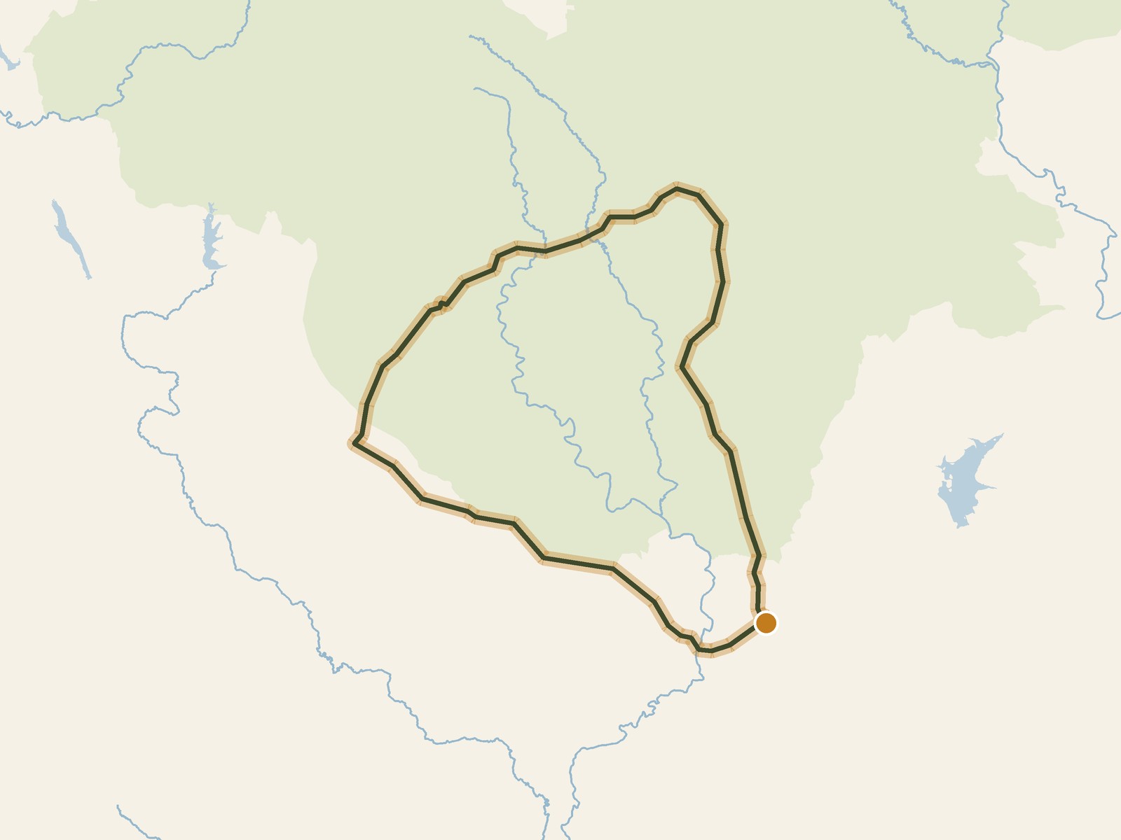 Simplified outline of the route on a map of the surrounding land, sea, lakes and rivers