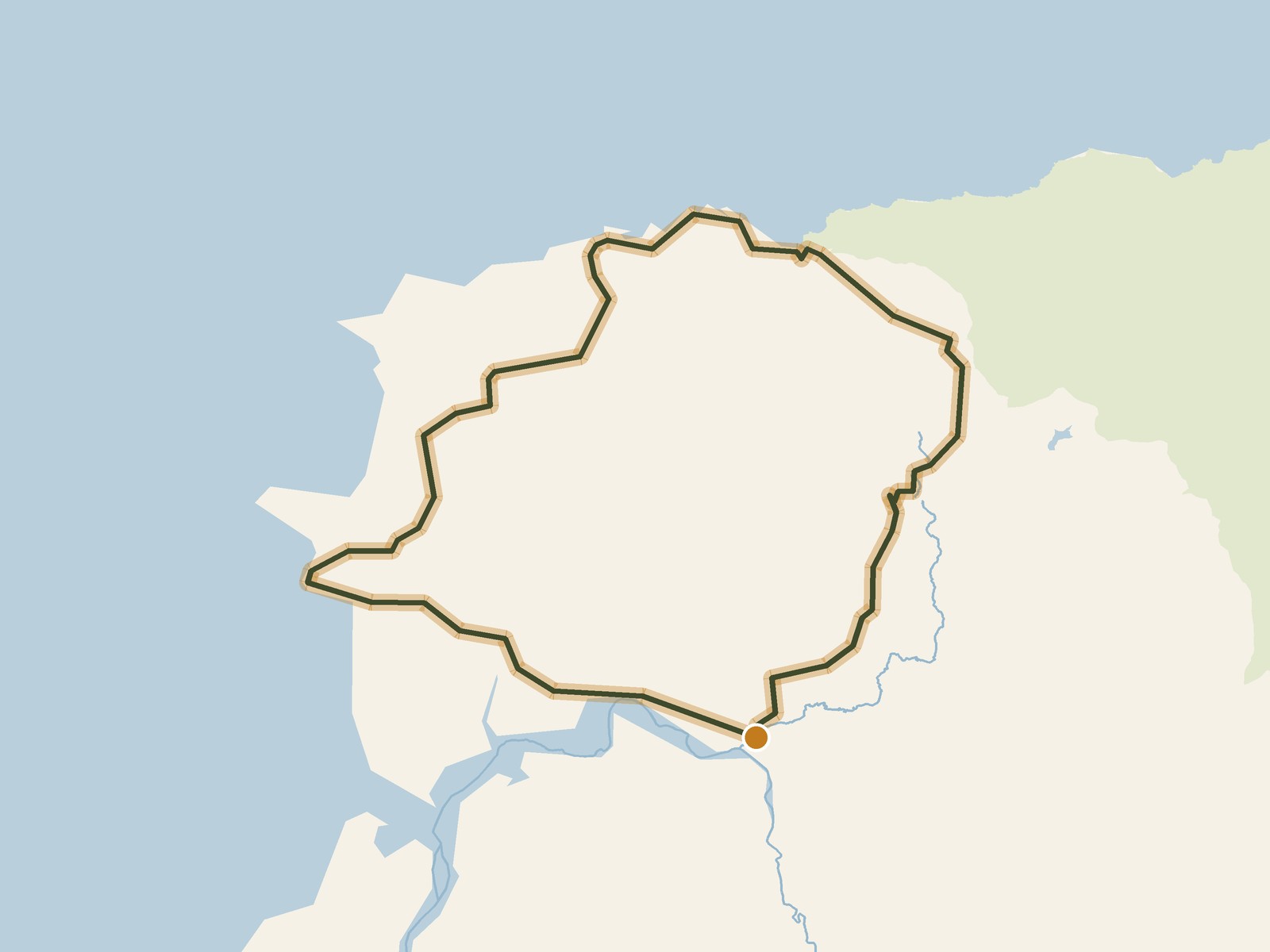 Simplified outline of the route on a map of the surrounding land, sea, lakes and rivers