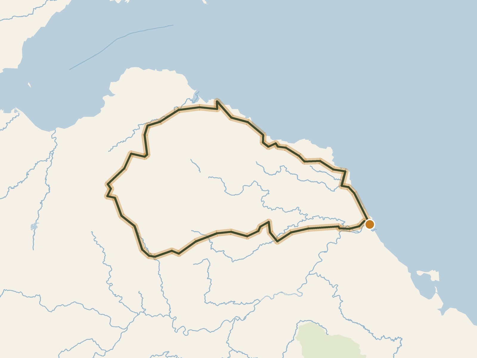 Simplified outline of the route on a map of the surrounding land, sea, lakes and rivers
