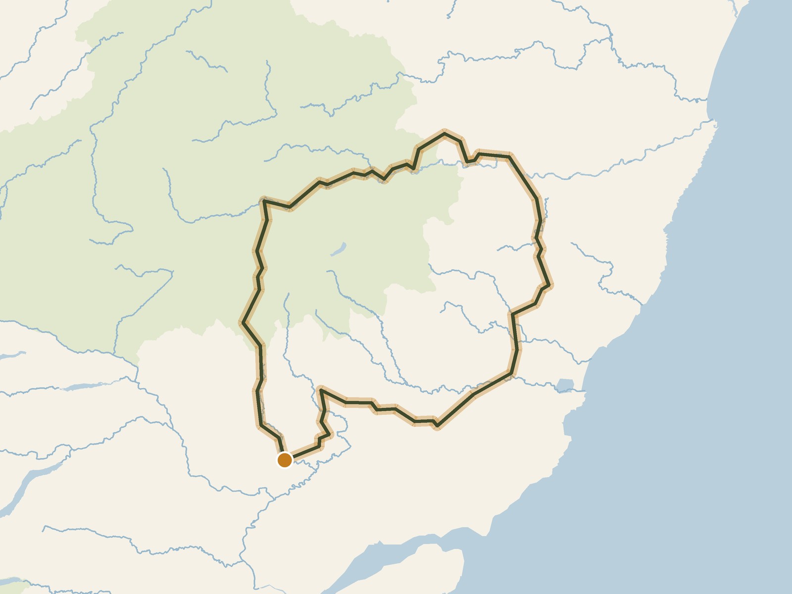 Simplified outline of the route on a map of the surrounding land, sea, lakes and rivers