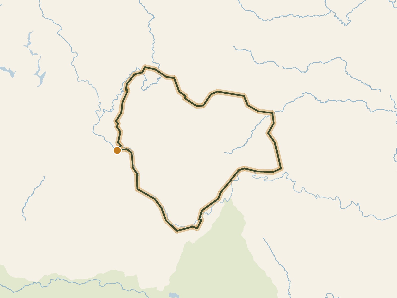 Simplified outline of the route on a map of the surrounding land, sea, lakes and rivers