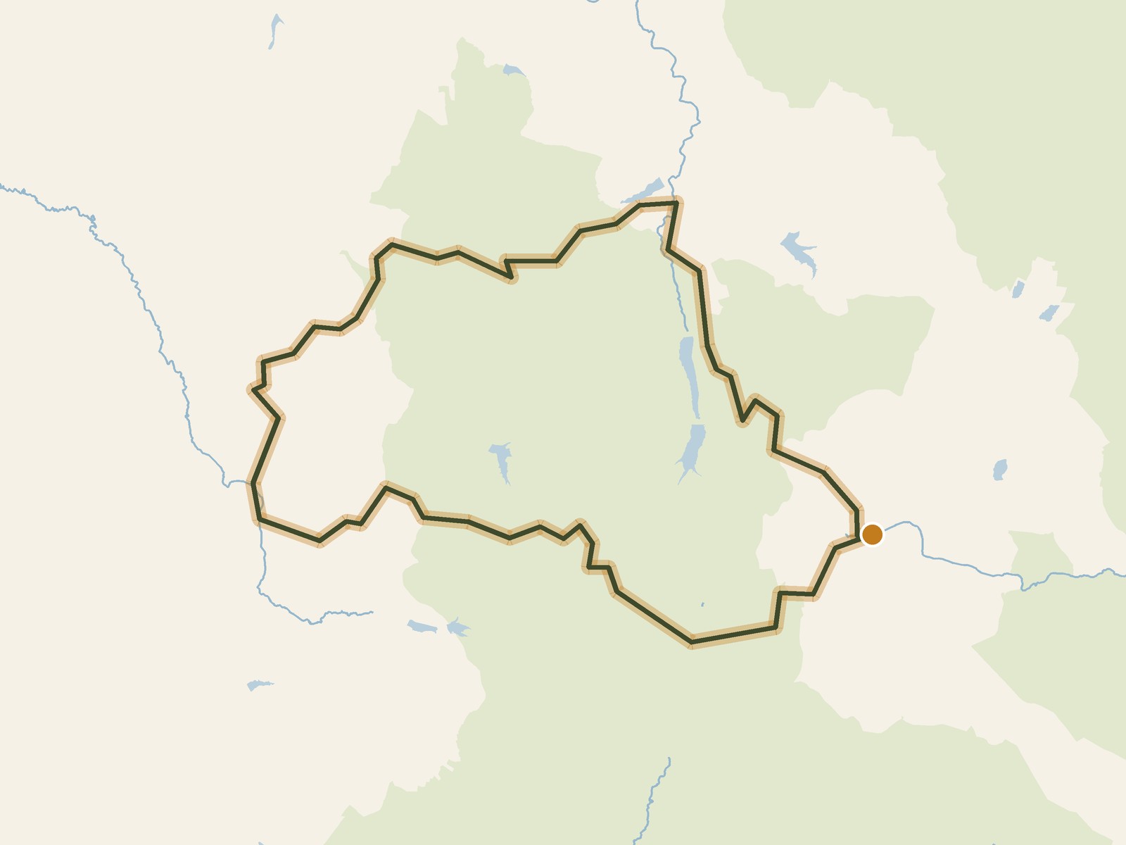 Simplified outline of the route on a map of the surrounding land, sea, lakes and rivers