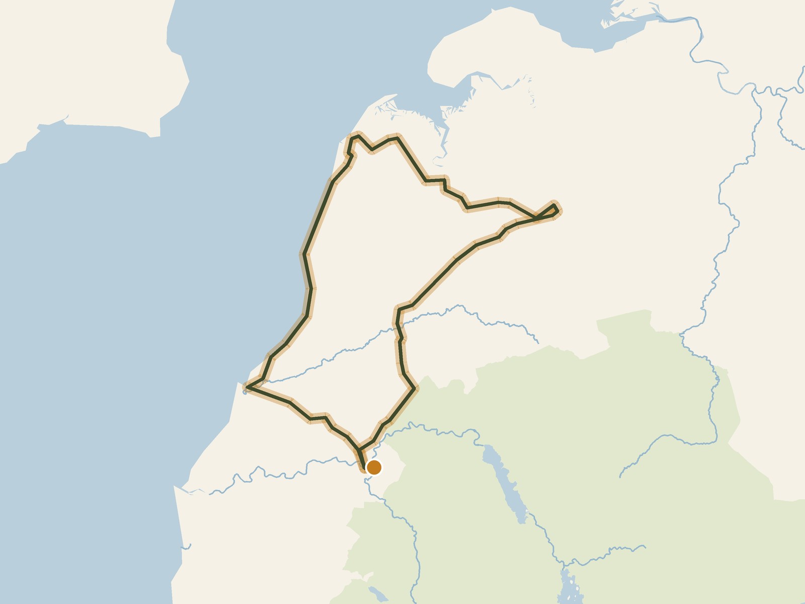 Simplified outline of the route on a map of the surrounding land, sea, lakes and rivers