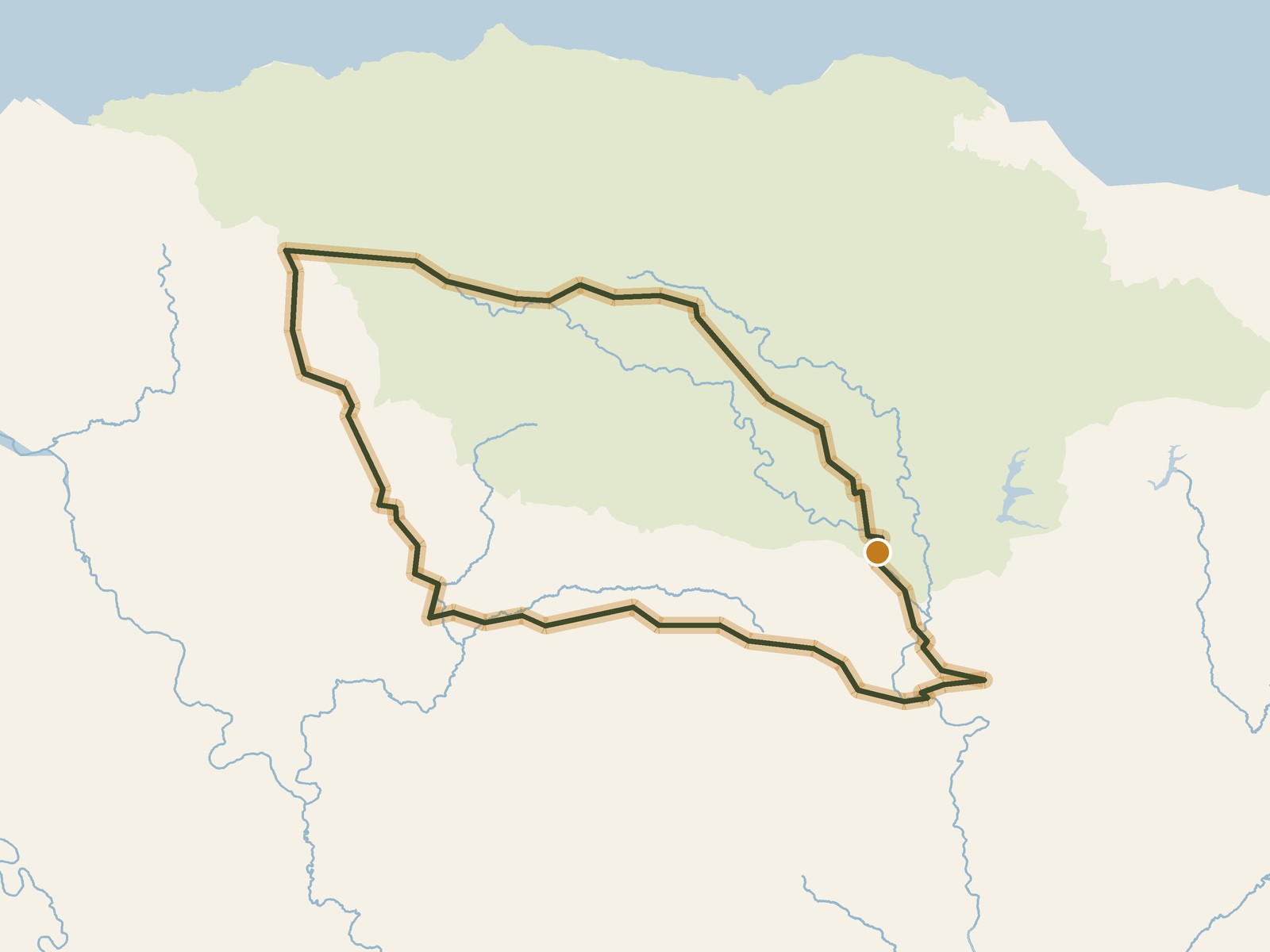 Simplified outline of the route on a map of the surrounding land, sea, lakes and rivers