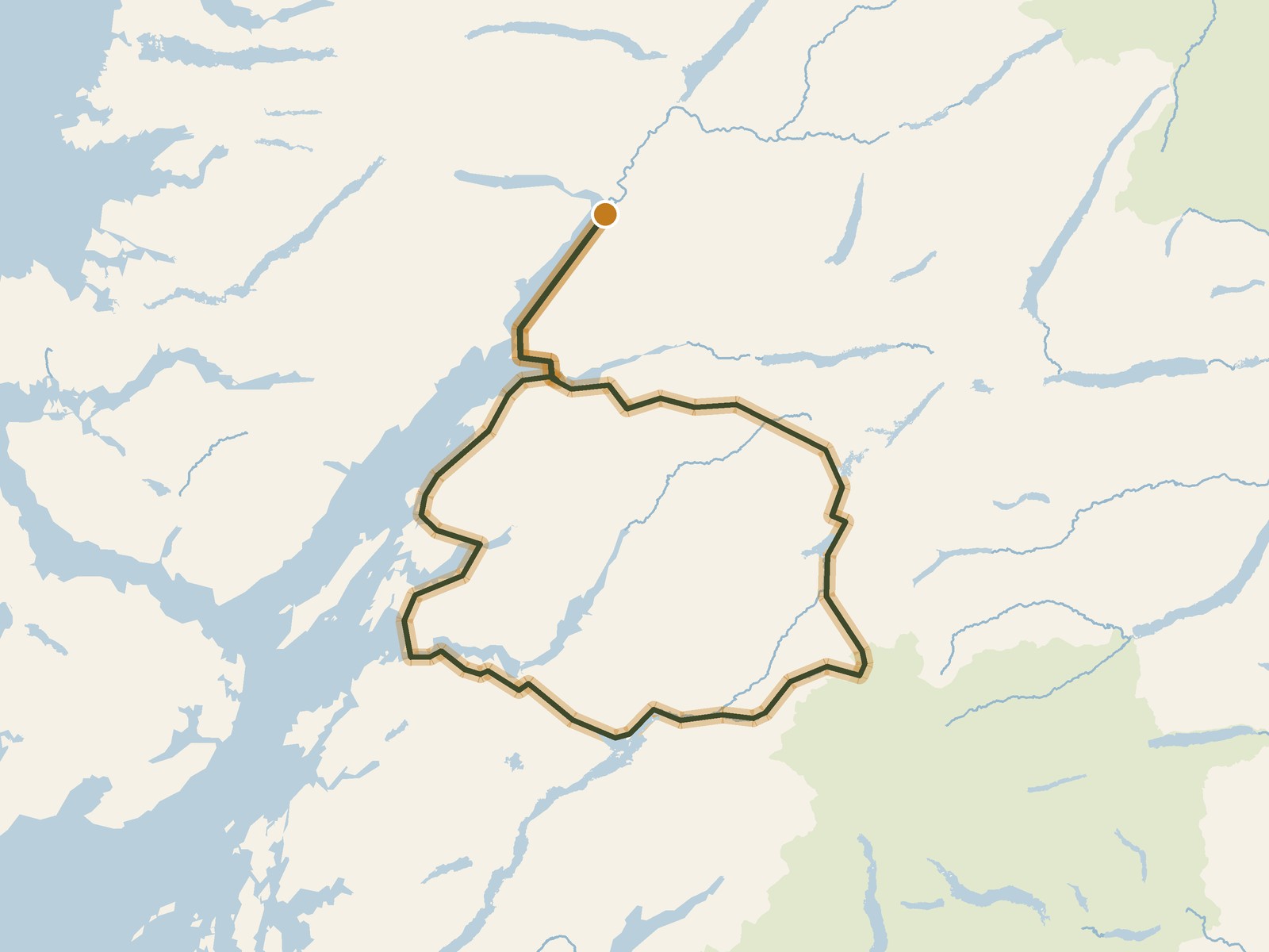 Simplified outline of the route on a map of the surrounding land, sea, lakes and rivers