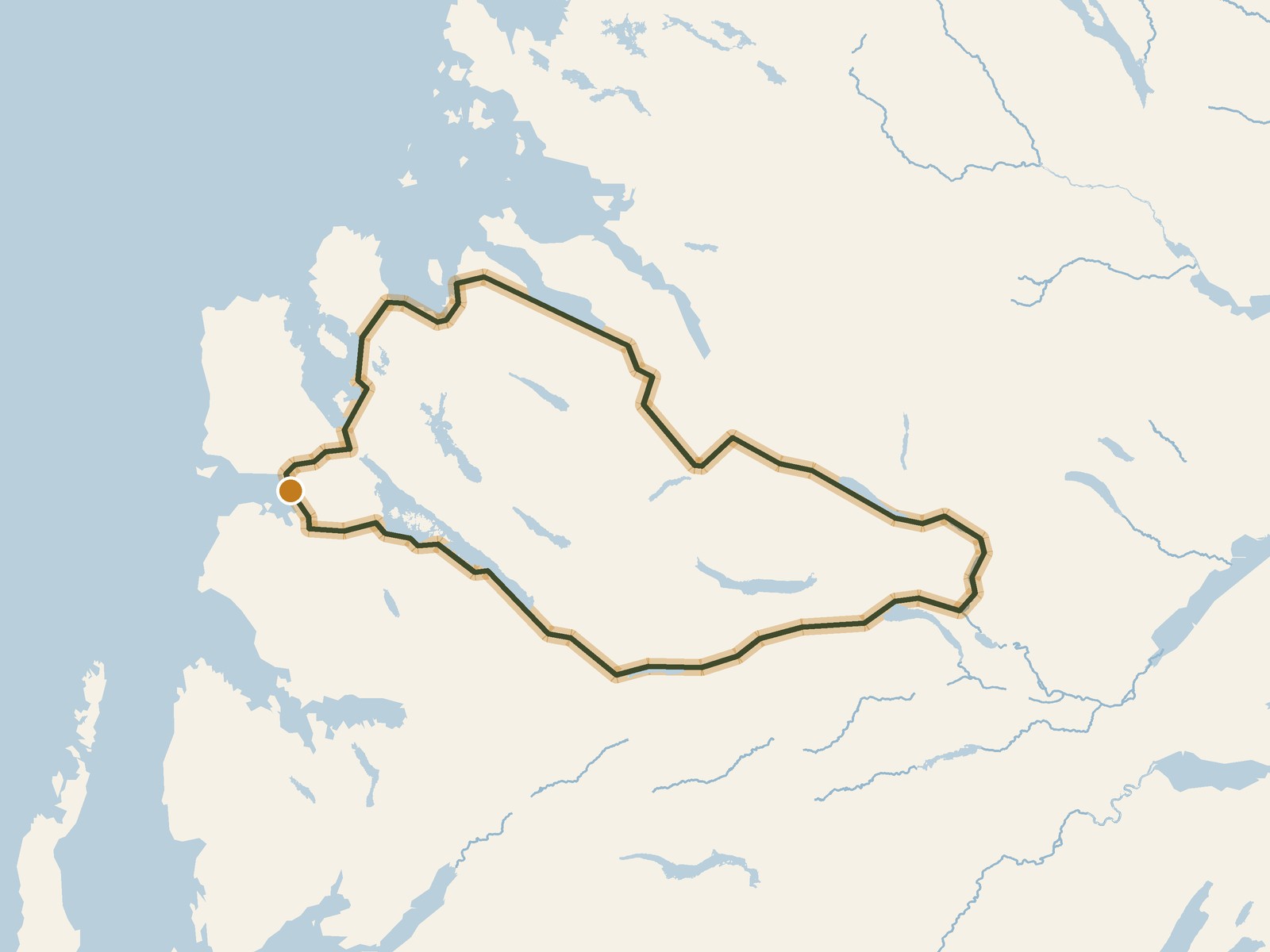 Simplified outline of the route on a map of the surrounding land, sea, lakes and rivers