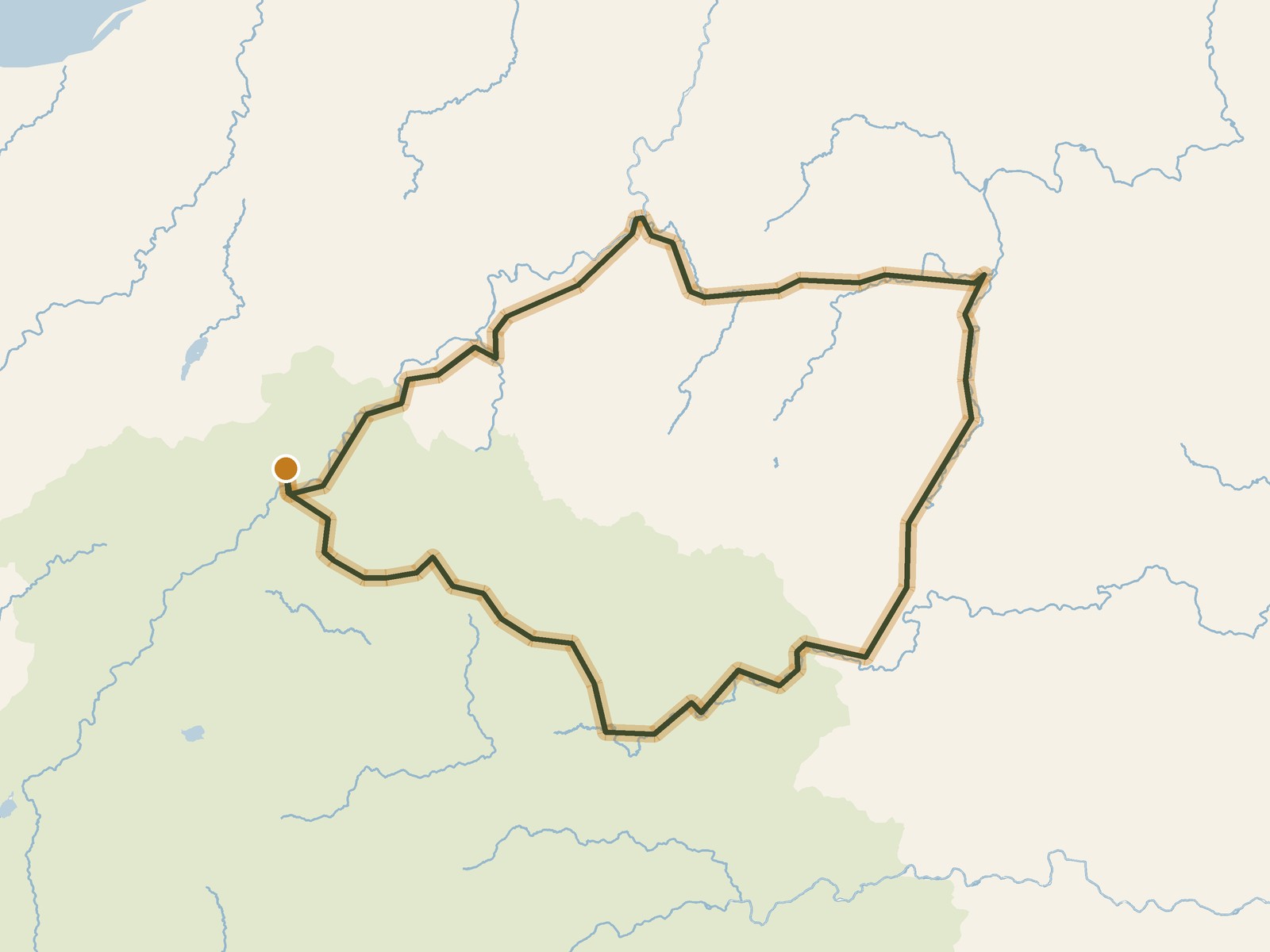 Simplified outline of the route on a map of the surrounding land, sea, lakes and rivers