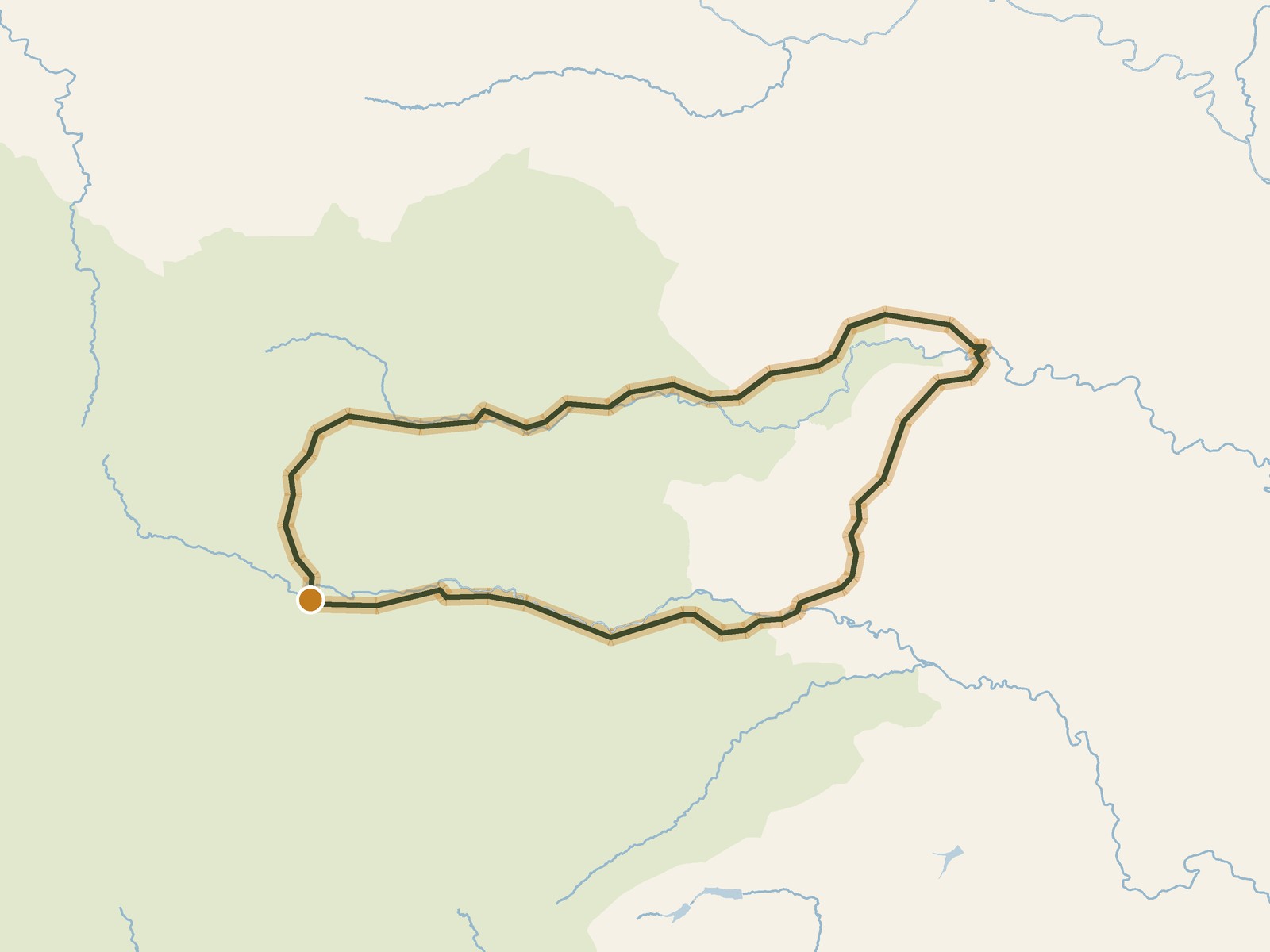 Simplified outline of the route on a map of the surrounding land, sea, lakes and rivers