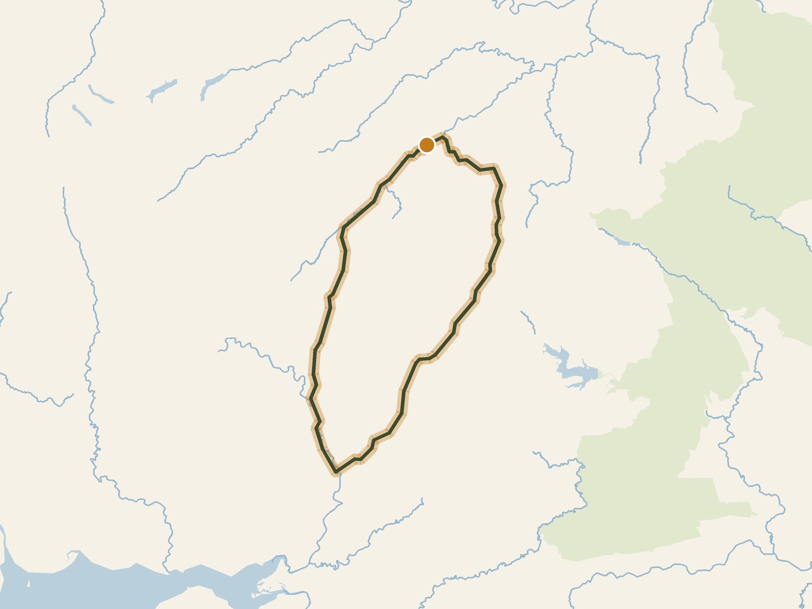 Simplified outline of the route on a map of the surrounding land, sea, lakes and rivers