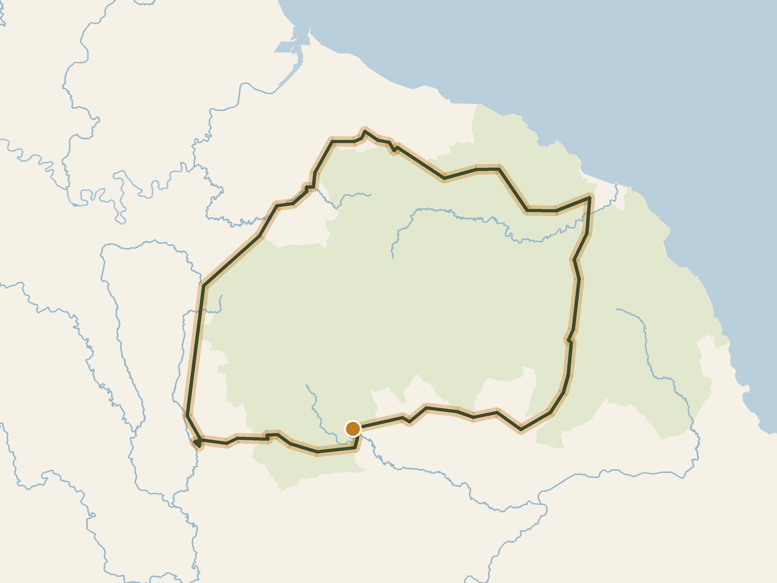 Simplified outline of the route on a map of the surrounding land, sea, lakes and rivers