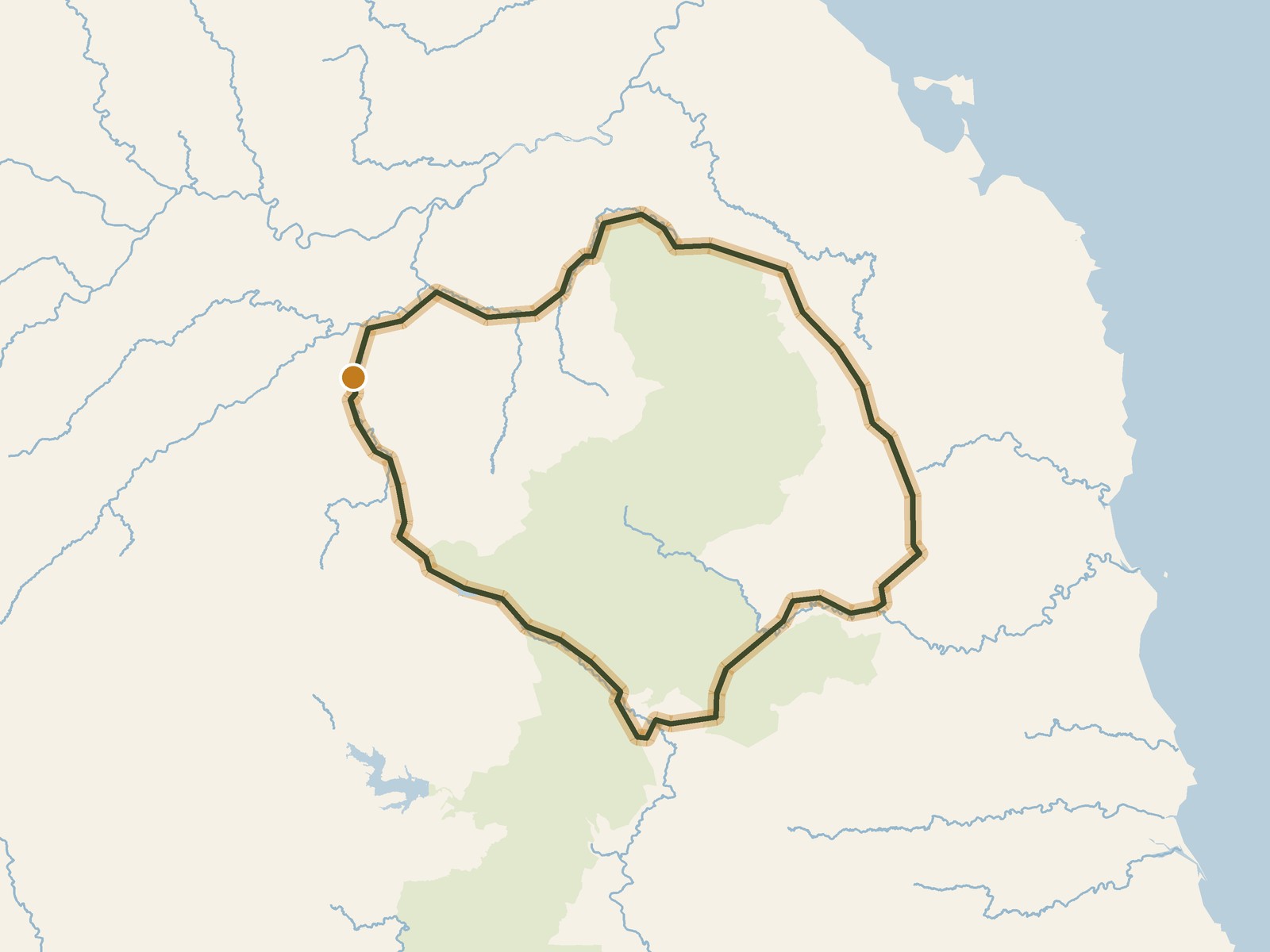 Simplified outline of the route on a map of the surrounding land, sea, lakes and rivers
