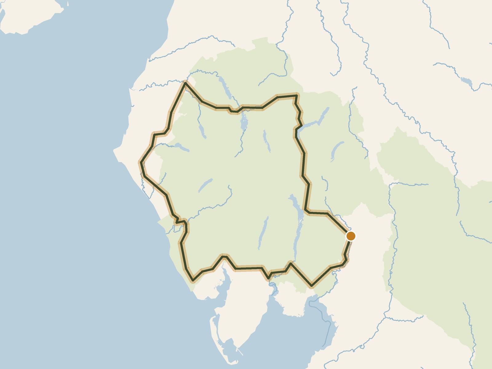Simplified outline of the route on a map of the surrounding land, sea, lakes and rivers