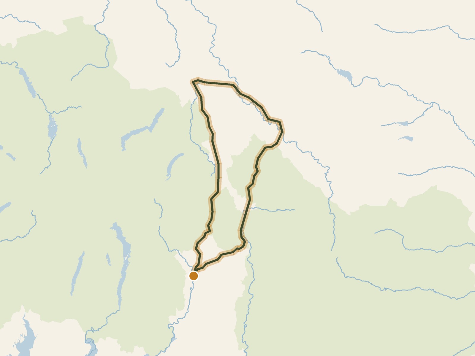 Simplified outline of the route on a map of the surrounding land, sea, lakes and rivers