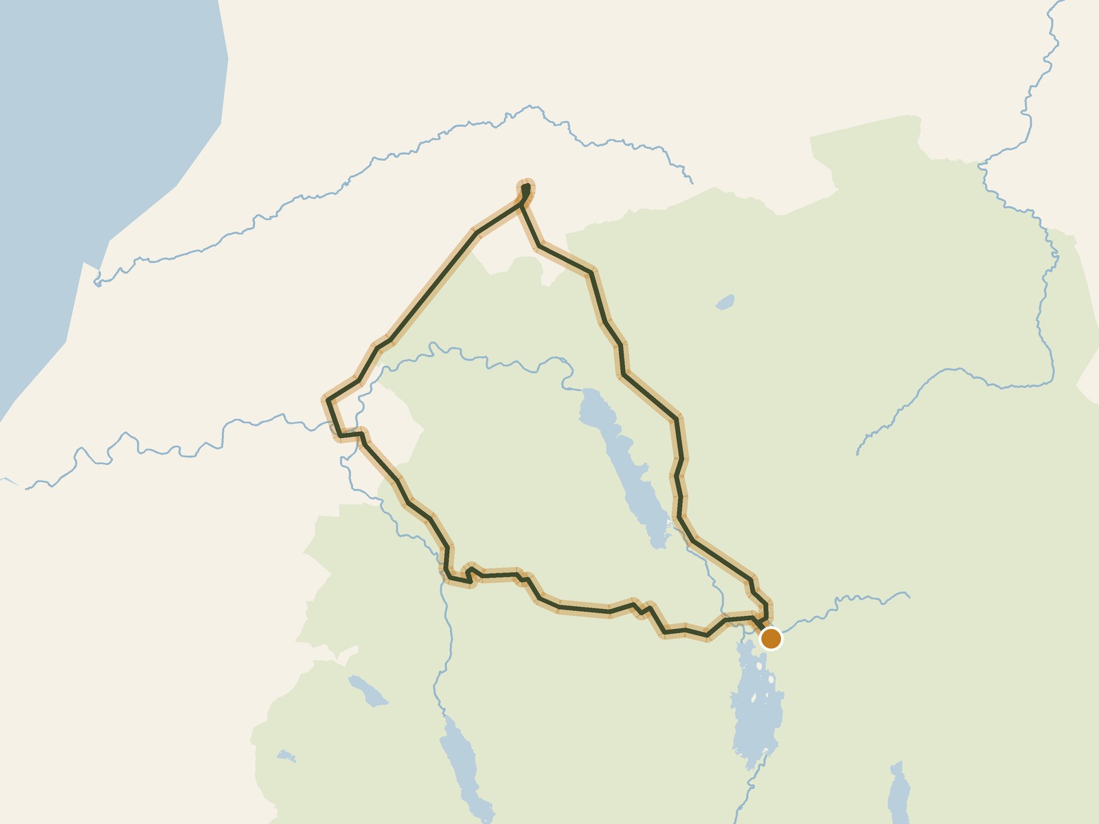 Simplified outline of the route on a map of the surrounding land, sea, lakes and rivers