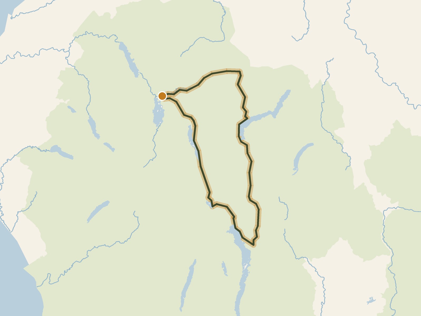 Simplified outline of the route on a map of the surrounding land, sea, lakes and rivers