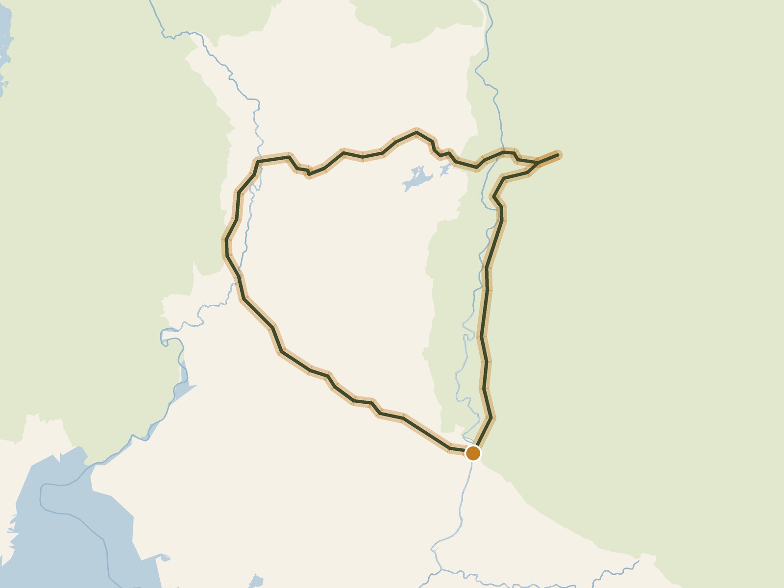 Simplified outline of the route on a map of the surrounding land, sea, lakes and rivers