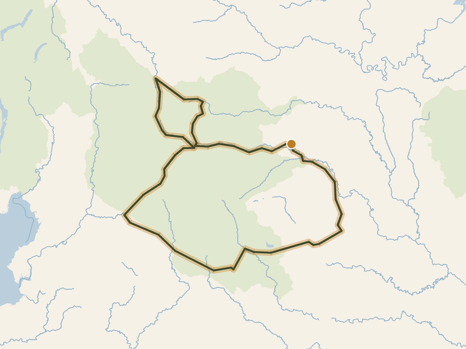 Simplified outline of the route on a map of the surrounding land, sea, lakes and rivers