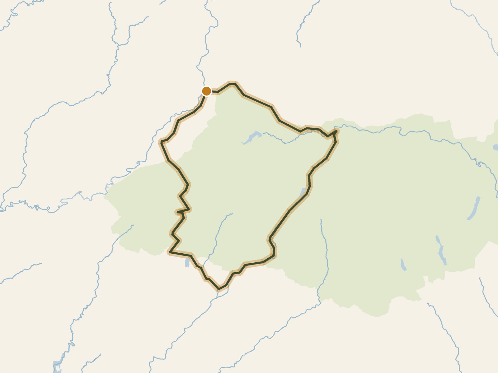 Simplified outline of the route on a map of the surrounding land, sea, lakes and rivers