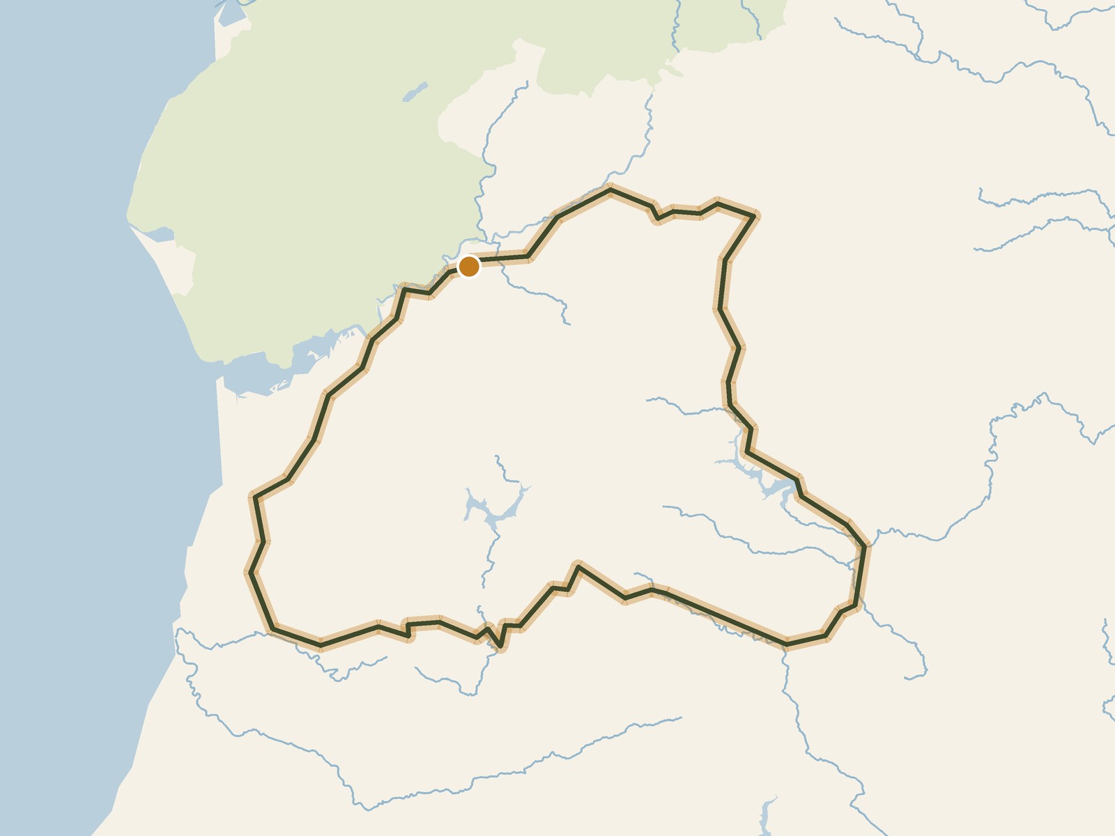 Simplified outline of the route on a map of the surrounding land, sea, lakes and rivers