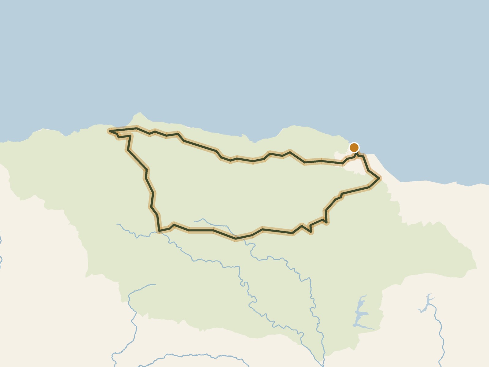 Simplified outline of the route on a map of the surrounding land, sea, lakes and rivers