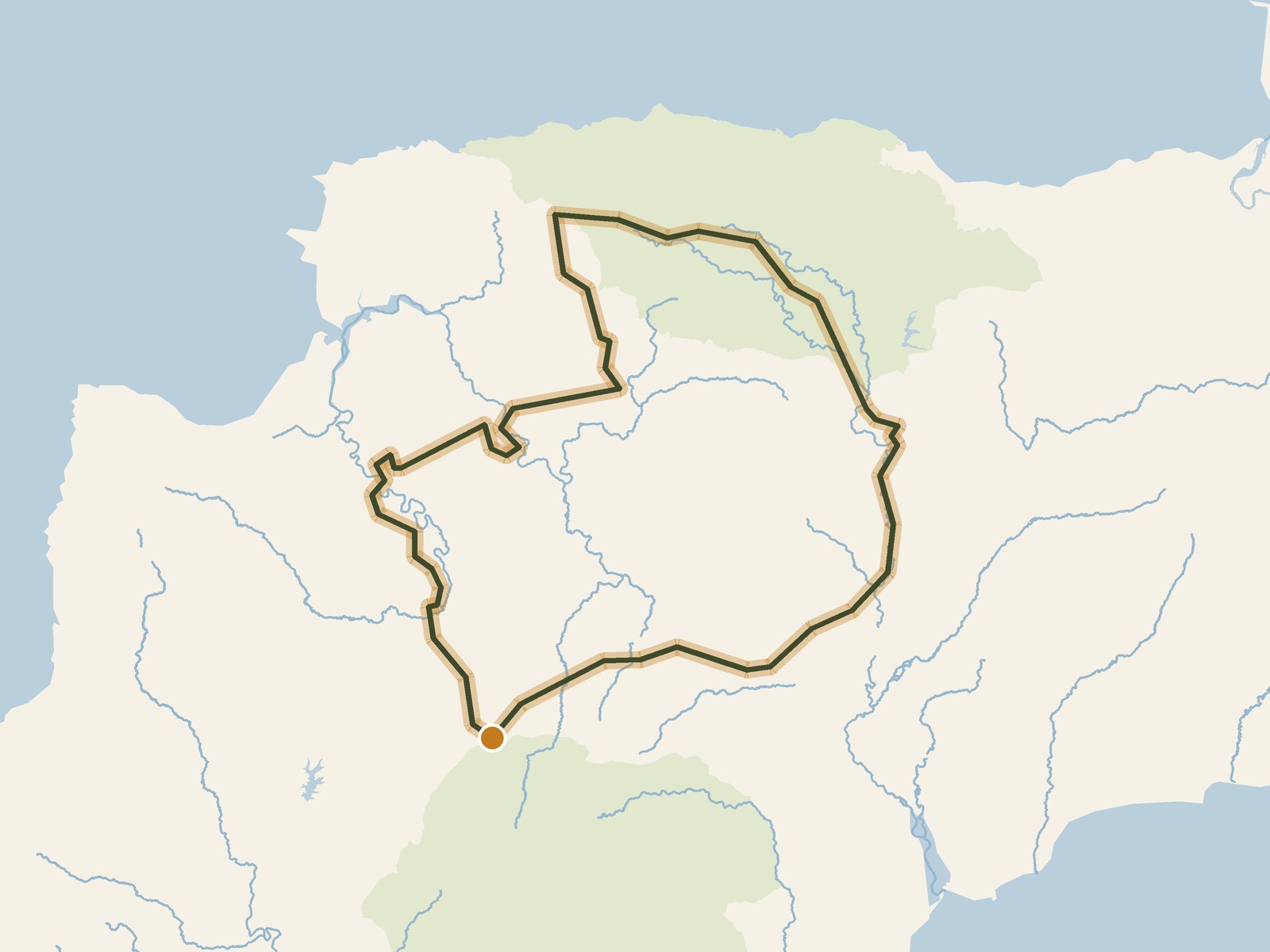 Simplified outline of the route on a map of the surrounding land, sea, lakes and rivers