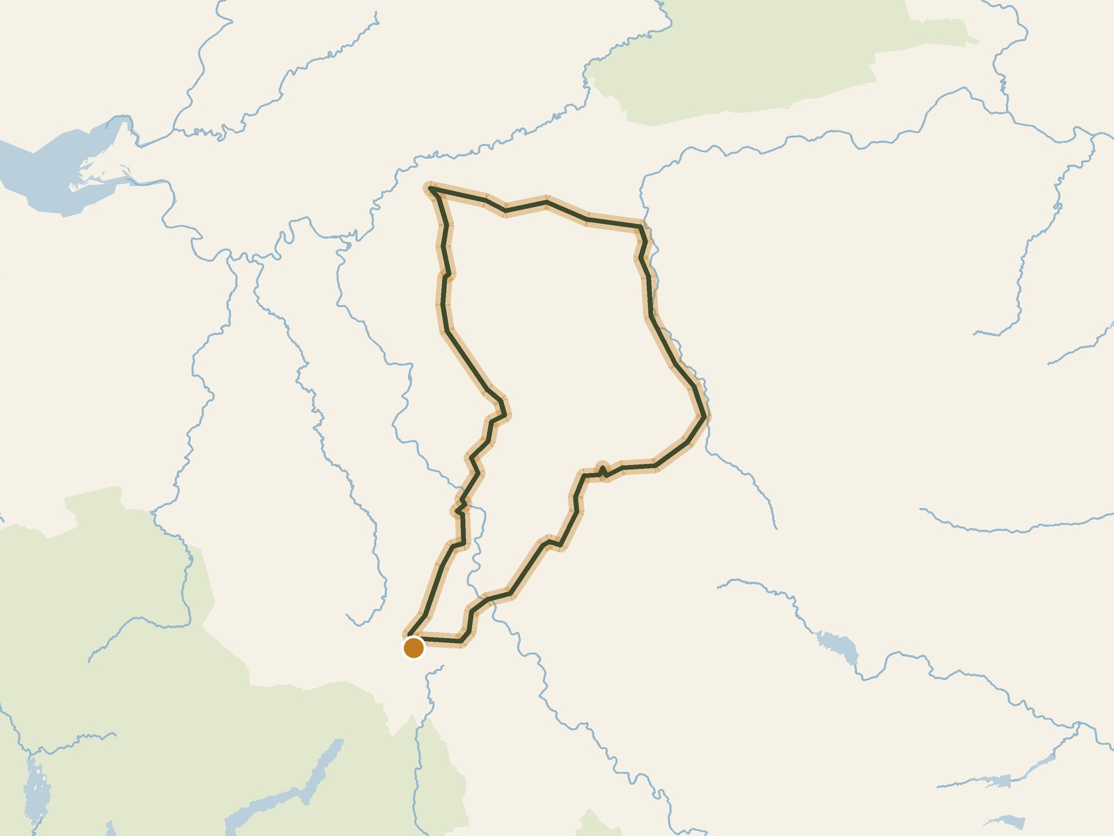 Simplified outline of the route on a map of the surrounding land, sea, lakes and rivers