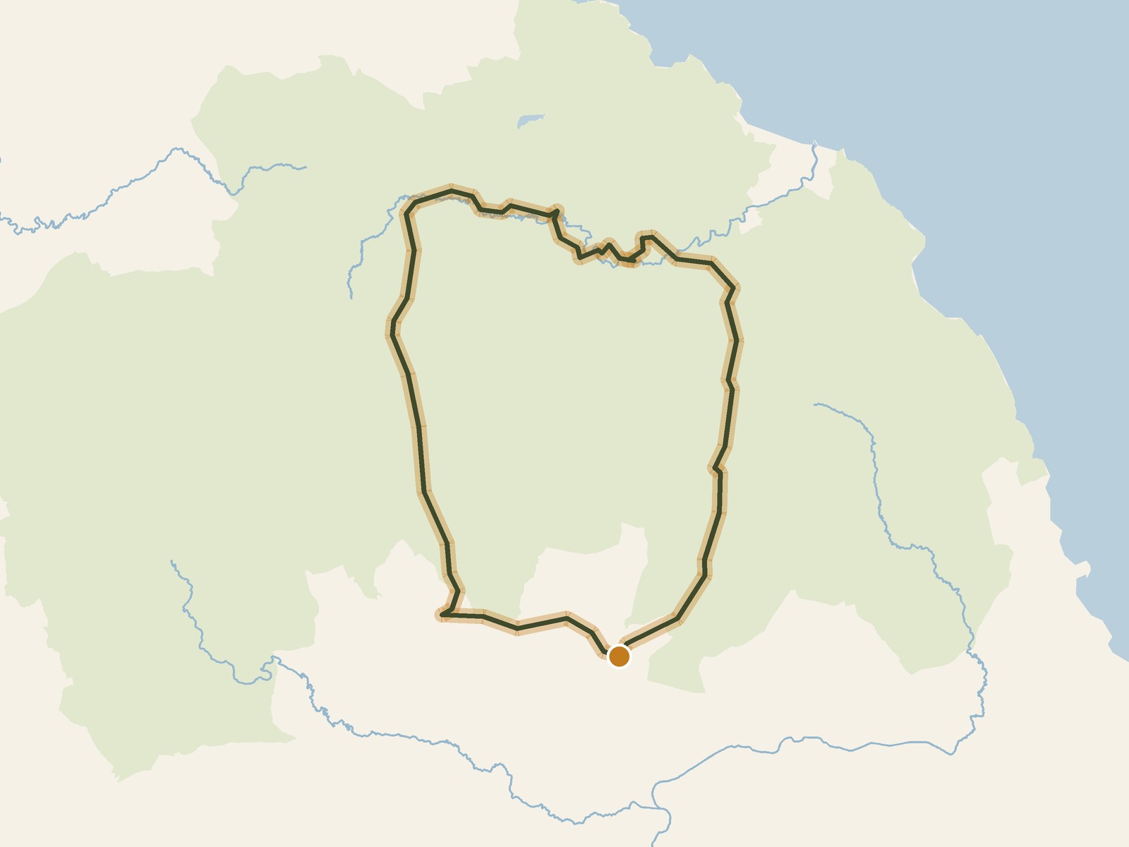 Simplified outline of the route on a map of the surrounding land, sea, lakes and rivers