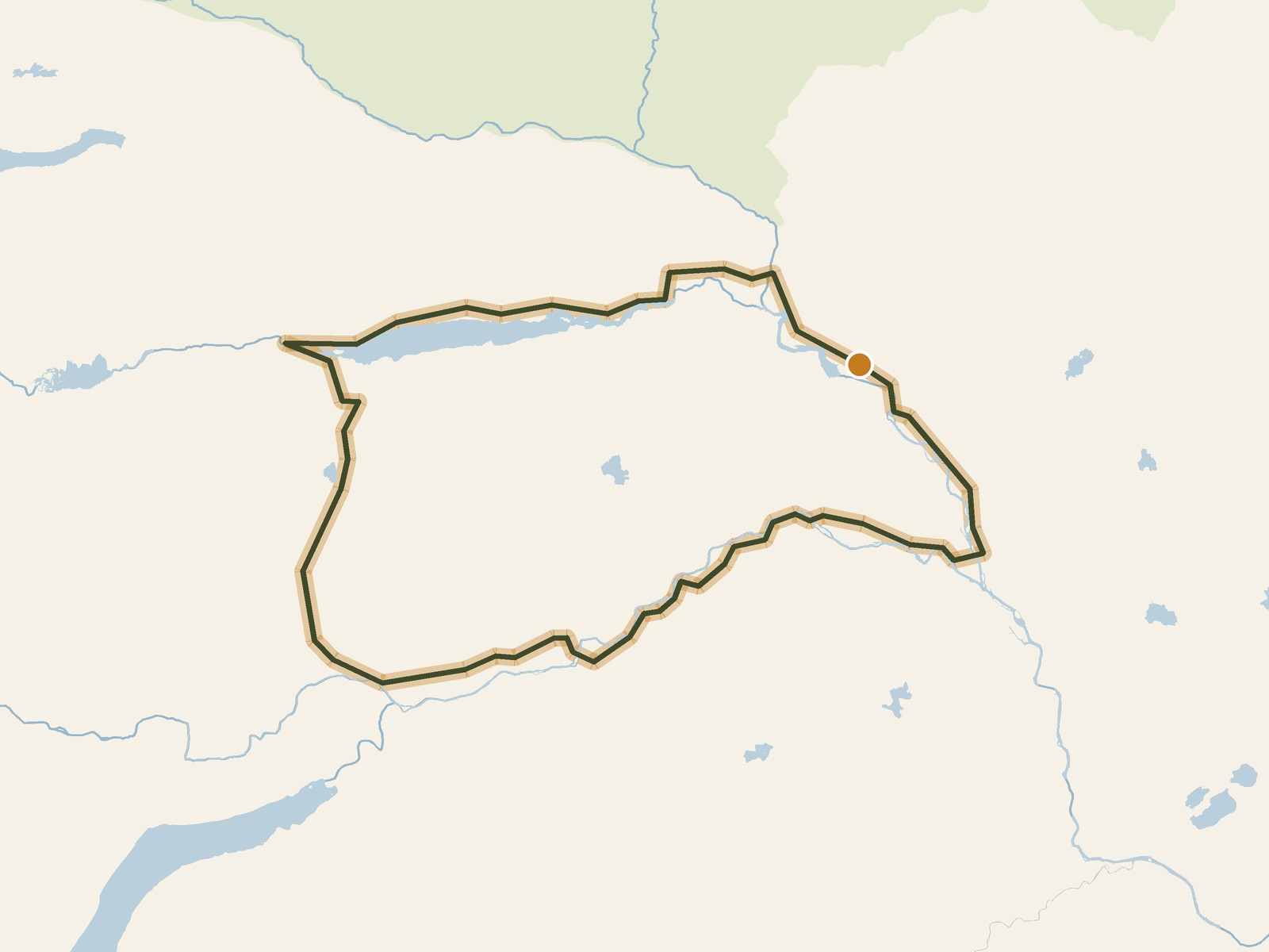 Simplified outline of the route on a map of the surrounding land, sea, lakes and rivers