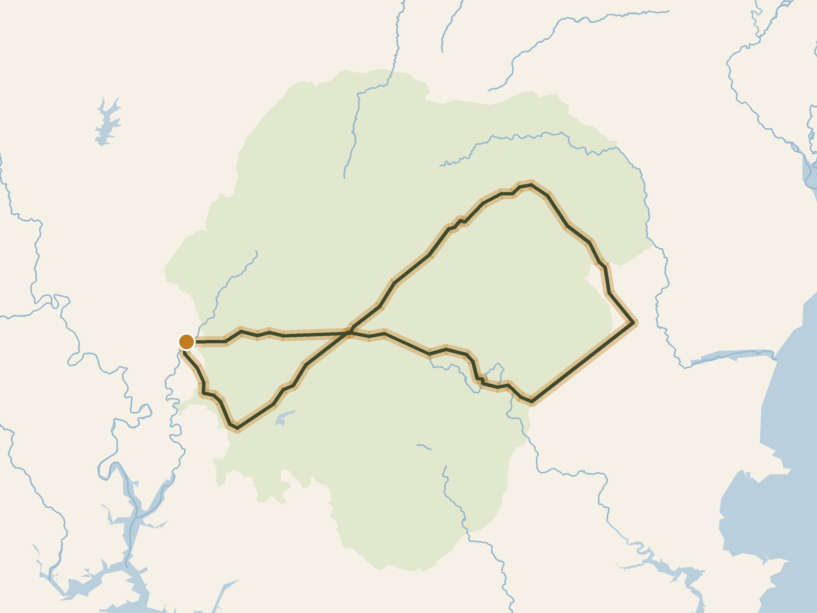 Simplified outline of the route on a map of the surrounding land, sea, lakes and rivers