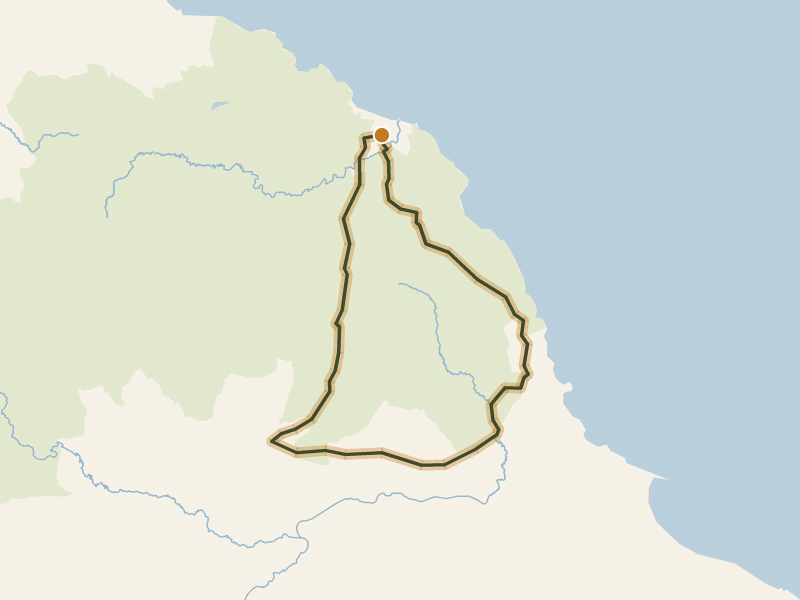 Simplified outline of the route on a map of the surrounding land, sea, lakes and rivers