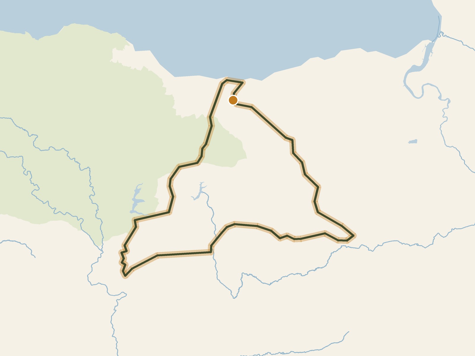 Simplified outline of the route on a map of the surrounding land, sea, lakes and rivers