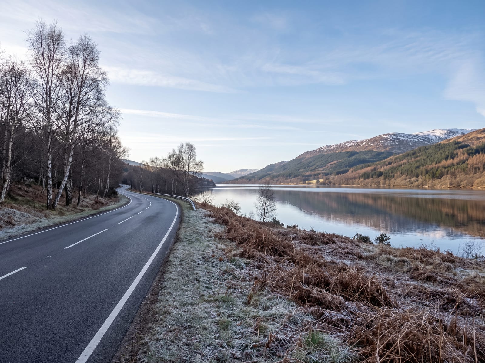 Near Aberfeldy: a smooth tarmac A road running along the shore of a long freshwater loch in Highland Perthshire, Scotland