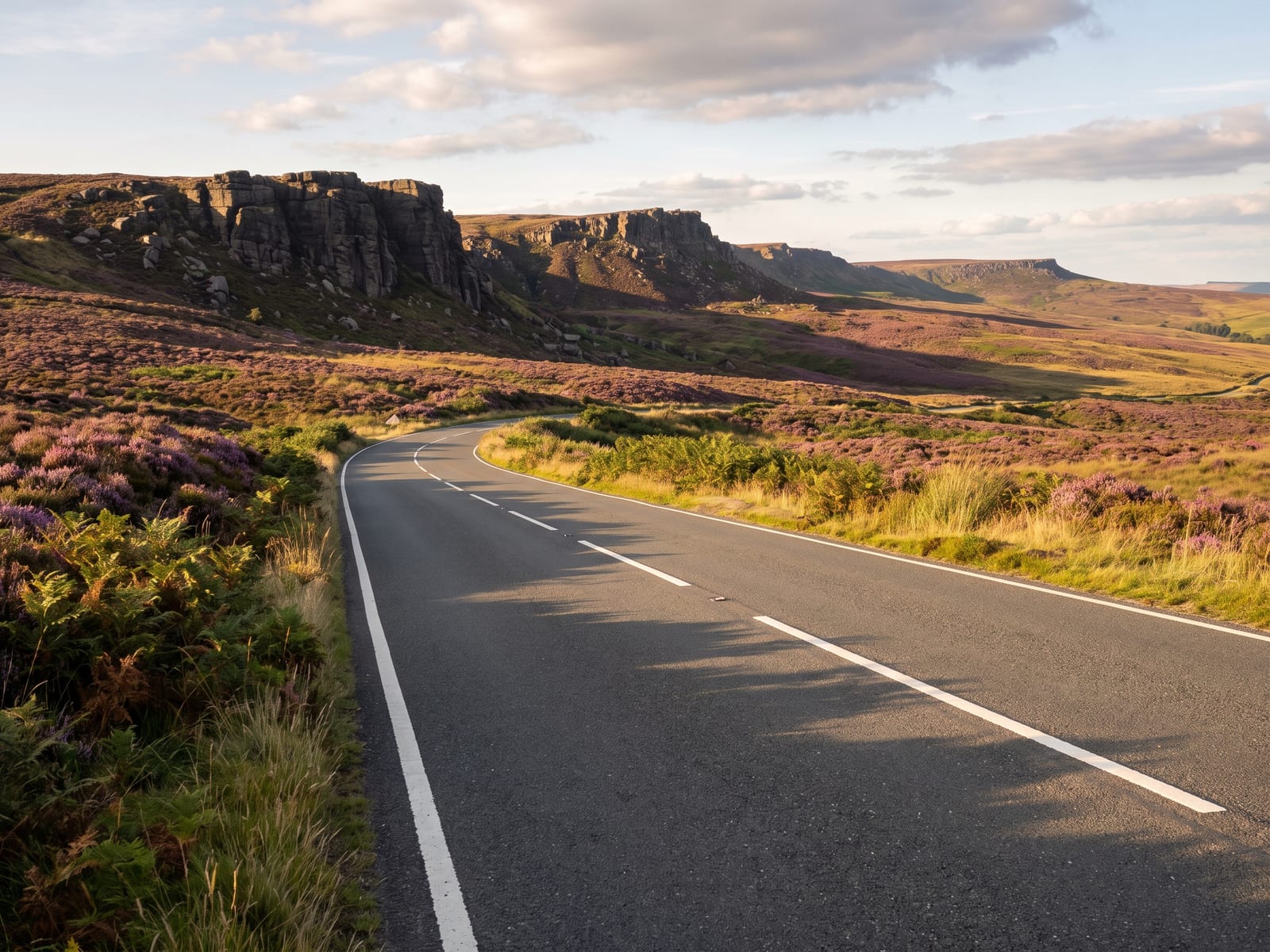 Near Bakewell: a smooth tarmac road crossing open heather moorland beneath a long gritstone edge in the Dark Peak, Derbyshire