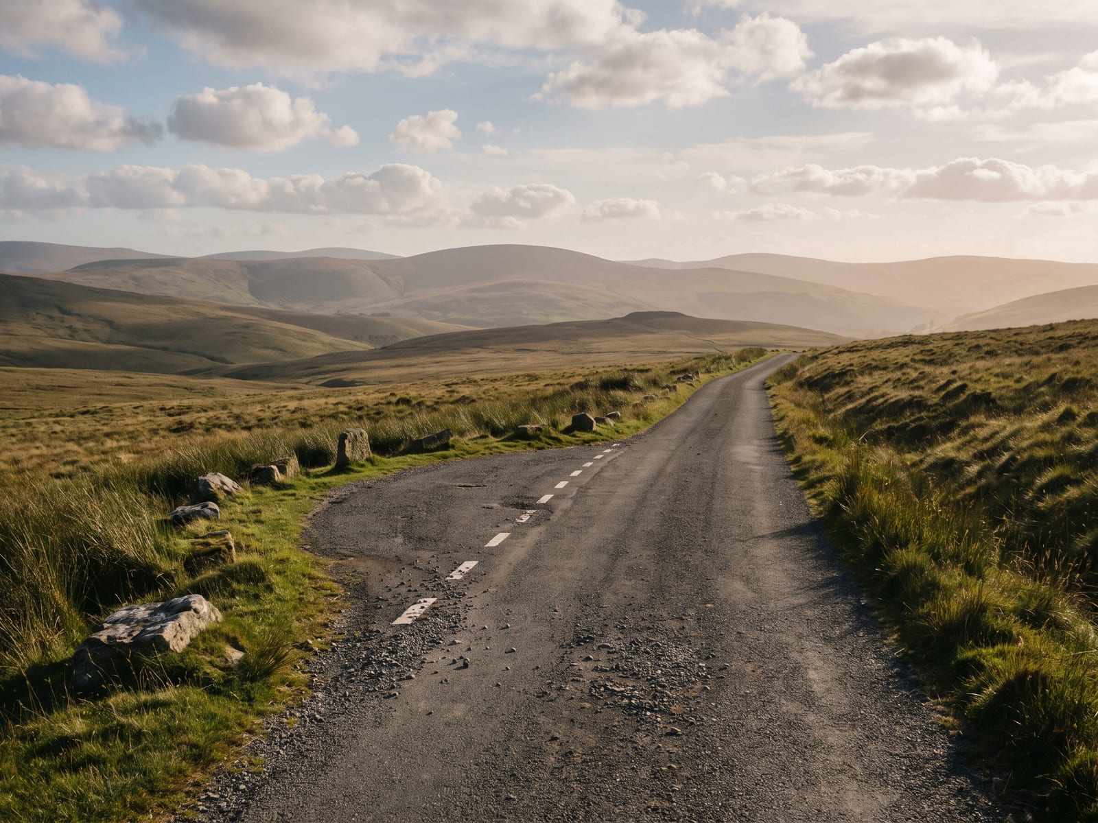 A narrow single-track tarmac road climbing across open moorland towards a high pass in Mid Wales, rough tussocky grass and scattered grey stones on either side, rounded hills fading into haze
