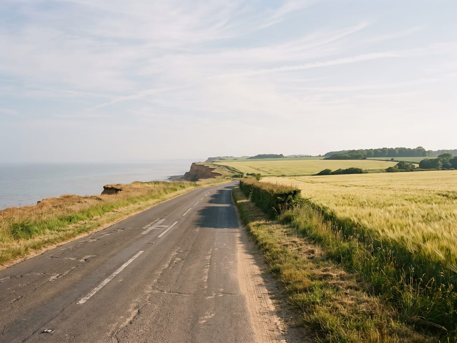 A narrow tarmac road running along a low crumbling clifftop in Norfolk, fields of ripening barley on one side and a hazy grey-blue sea beyond the edge