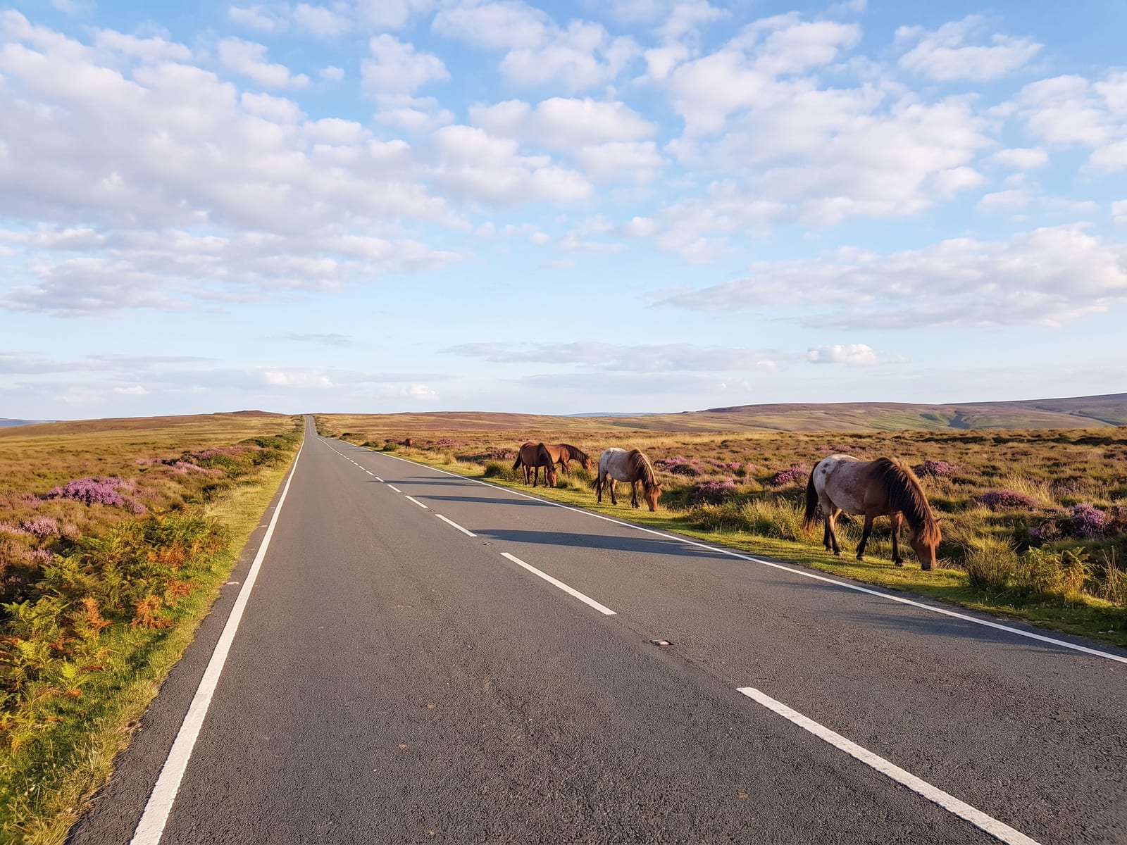 Near Dulverton: a smooth tarmac road crossing open rolling moorland of heather and rough grass in Exmoor, Somerset