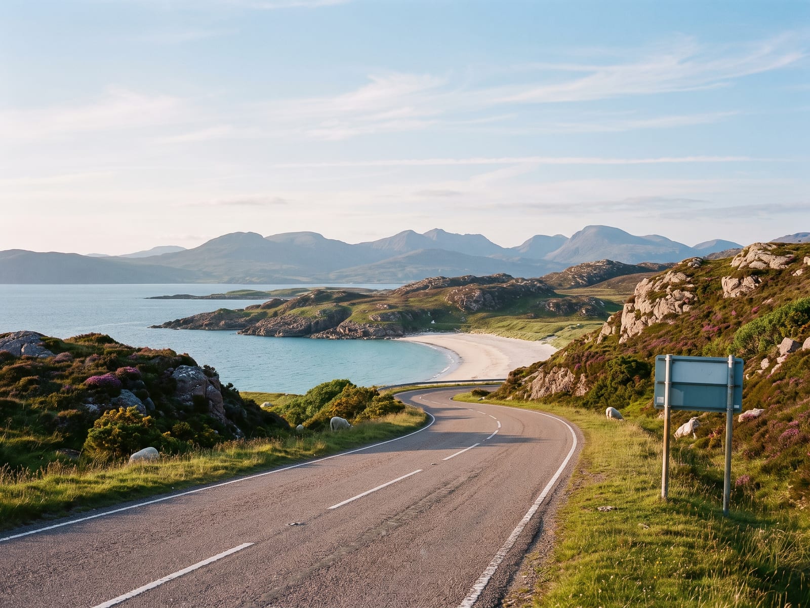 Near Gairloch: a narrow single-track tarmac road with a blue and white passing-place sign running above a sea inlet on the Wester Ross coast, Scotland