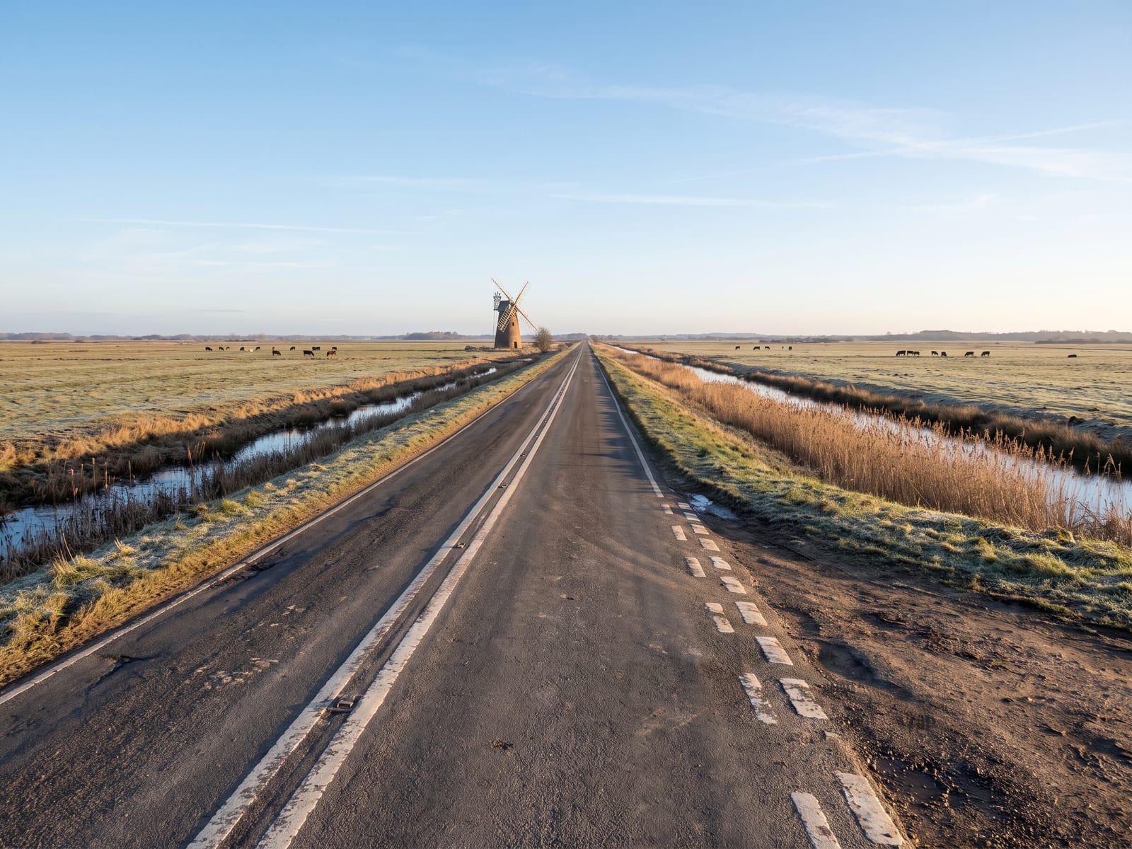 A low tarmac road crossing flat grazing marsh in Norfolk, with reed-fringed dykes either side, a derelict brick drainage windpump small on the horizon and cattle far off in the grass