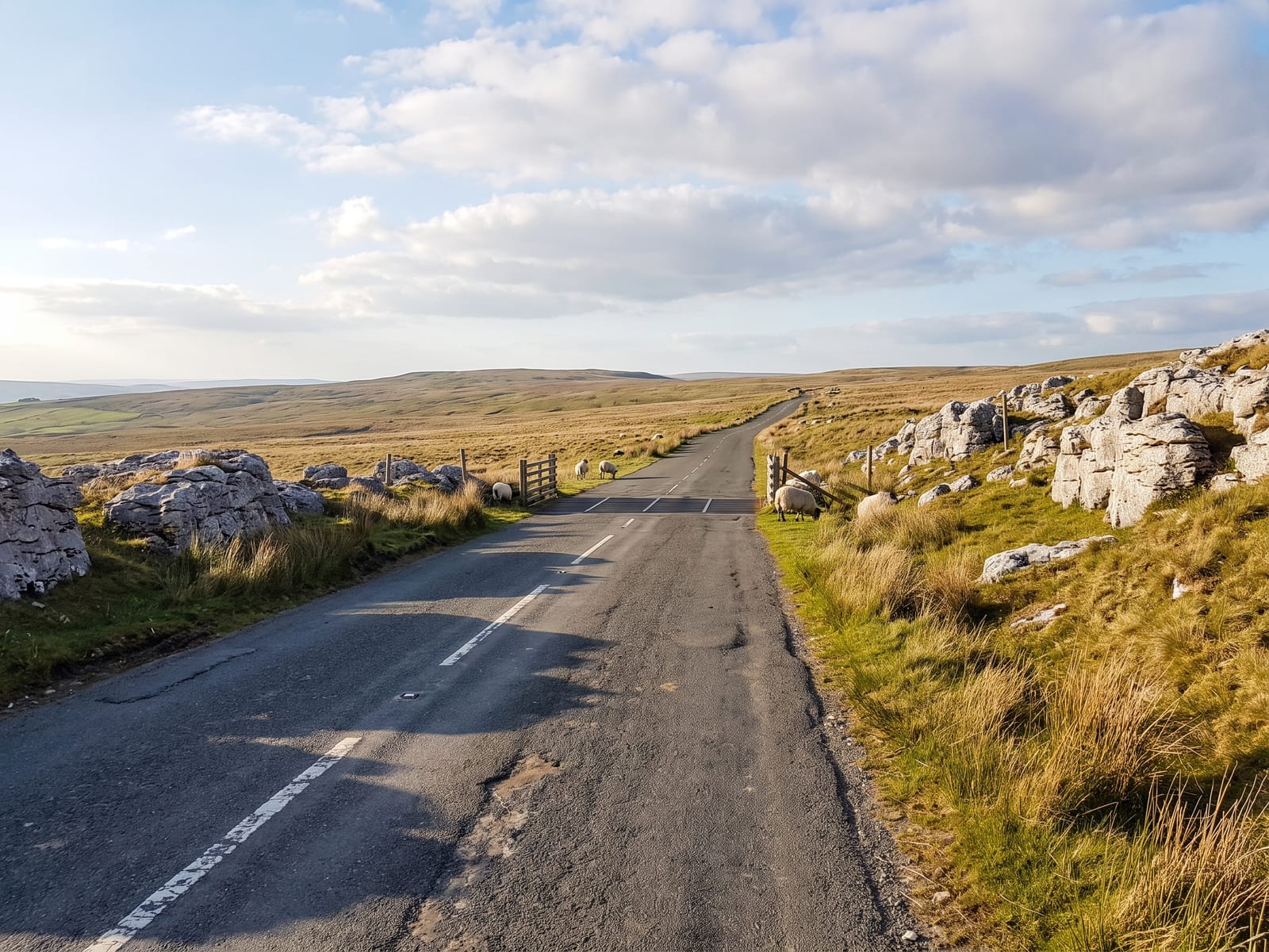 Near Hawes: a narrow tarmac road climbing across open upland moor in the Yorkshire Dales, pale limestone outcrops and rough grass either side