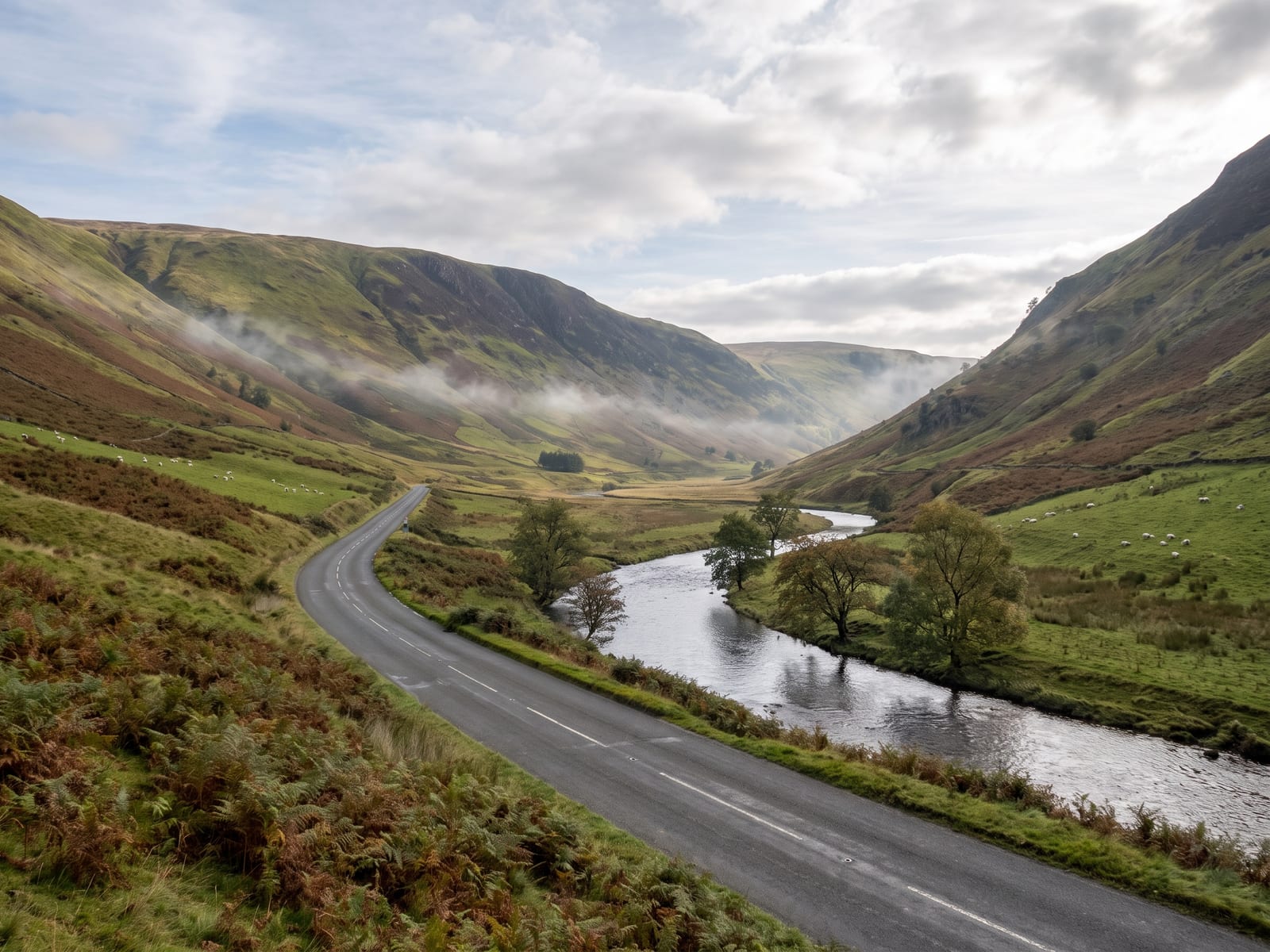 Near Hawick: a quiet road following a broad river valley between steep green and bracken-brown hillsides in the Scottish Borders, Scotland