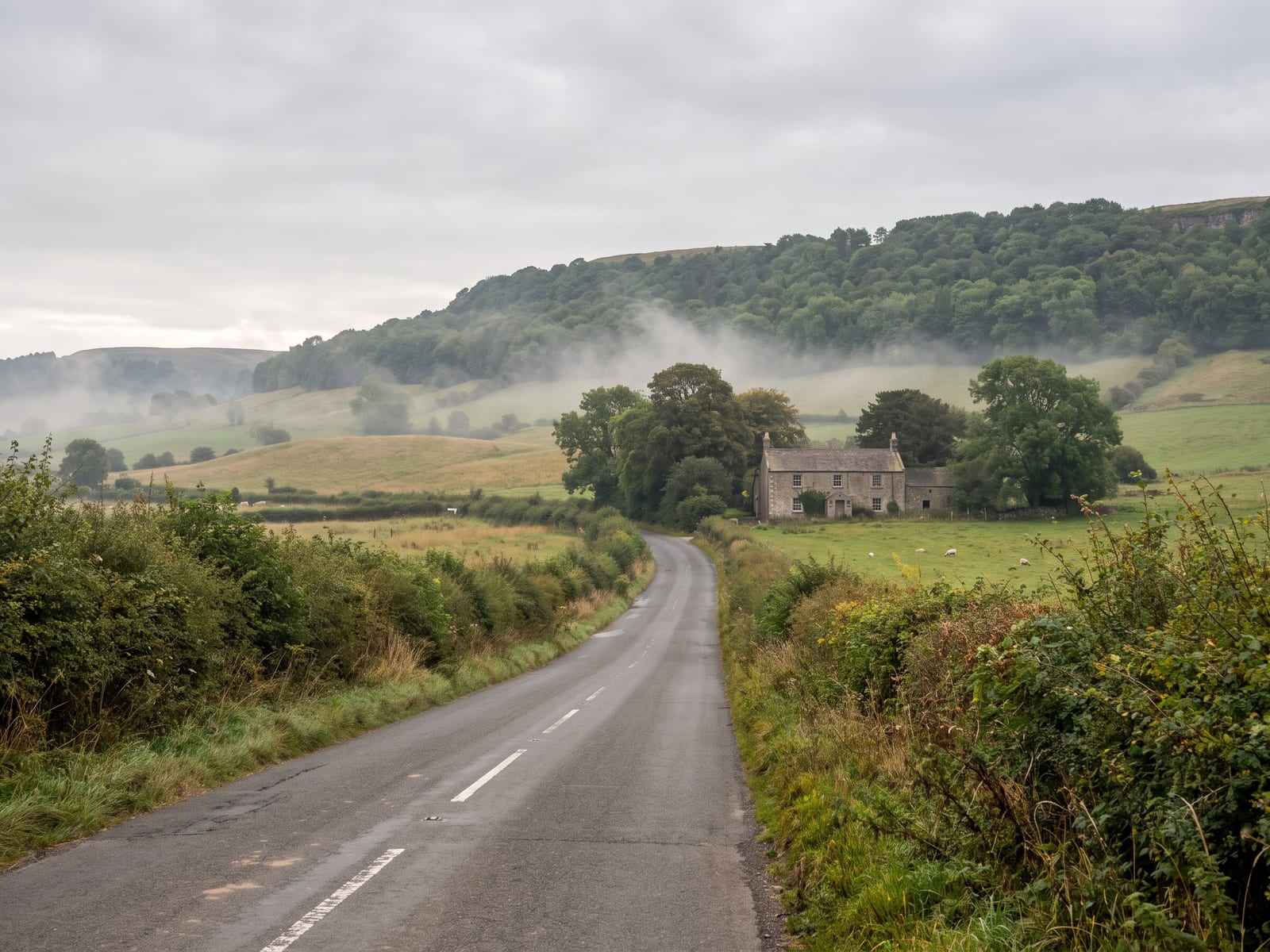 Near Helmsley: a narrow tarmac lane crossing gently rolling farmland at the foot of a wooded escarpment in North Yorkshire, hedgerows