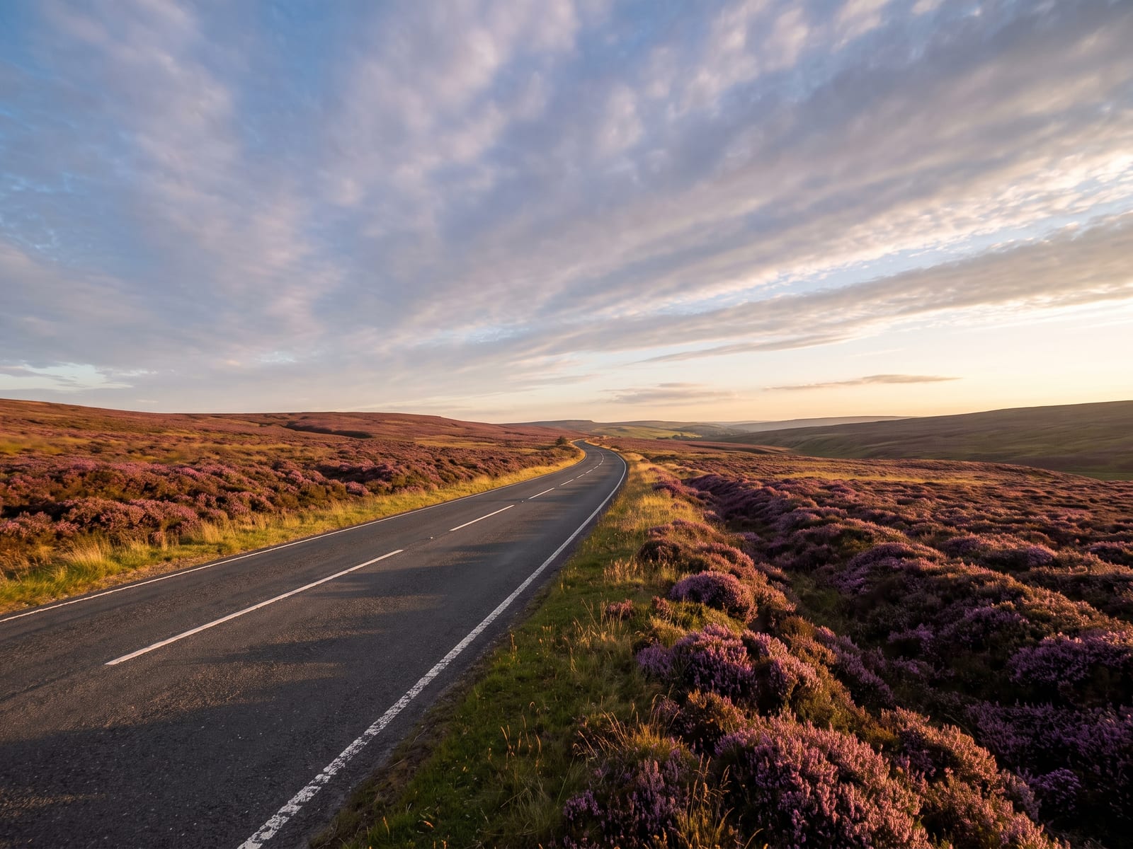 Near Helmsley: a wide two-lane tarmac road running across open heather moorland in the North York Moors