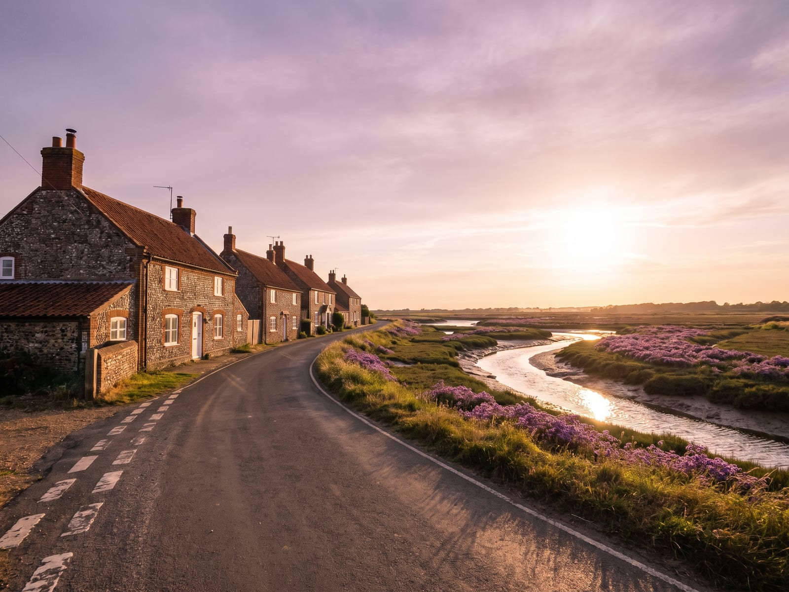 A narrow tarmac lane descending towards a saltmarsh creek on the Norfolk coast, with a glint of tidal water, sea lavender in purple bloom and a line of flint-walled cottages